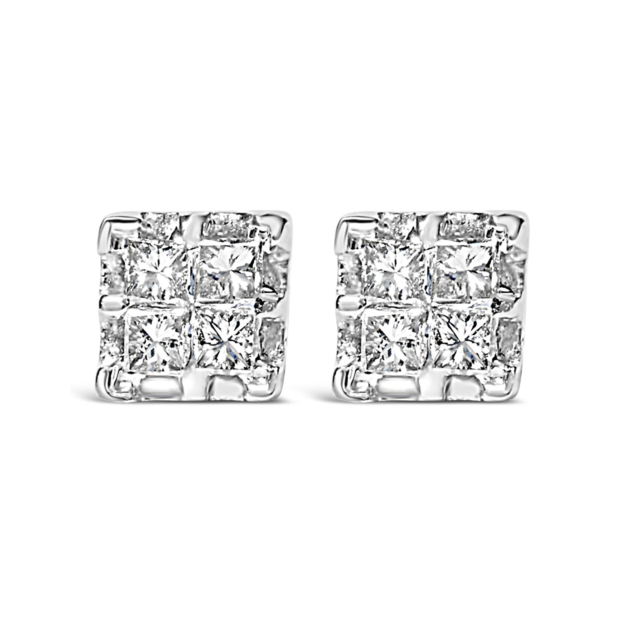 Aretes de oro amarillo de 10 k con diamantes princesa de cuatro puntas (1/4 ct, color JK, claridad I2-I3) - Friggin Jewelry