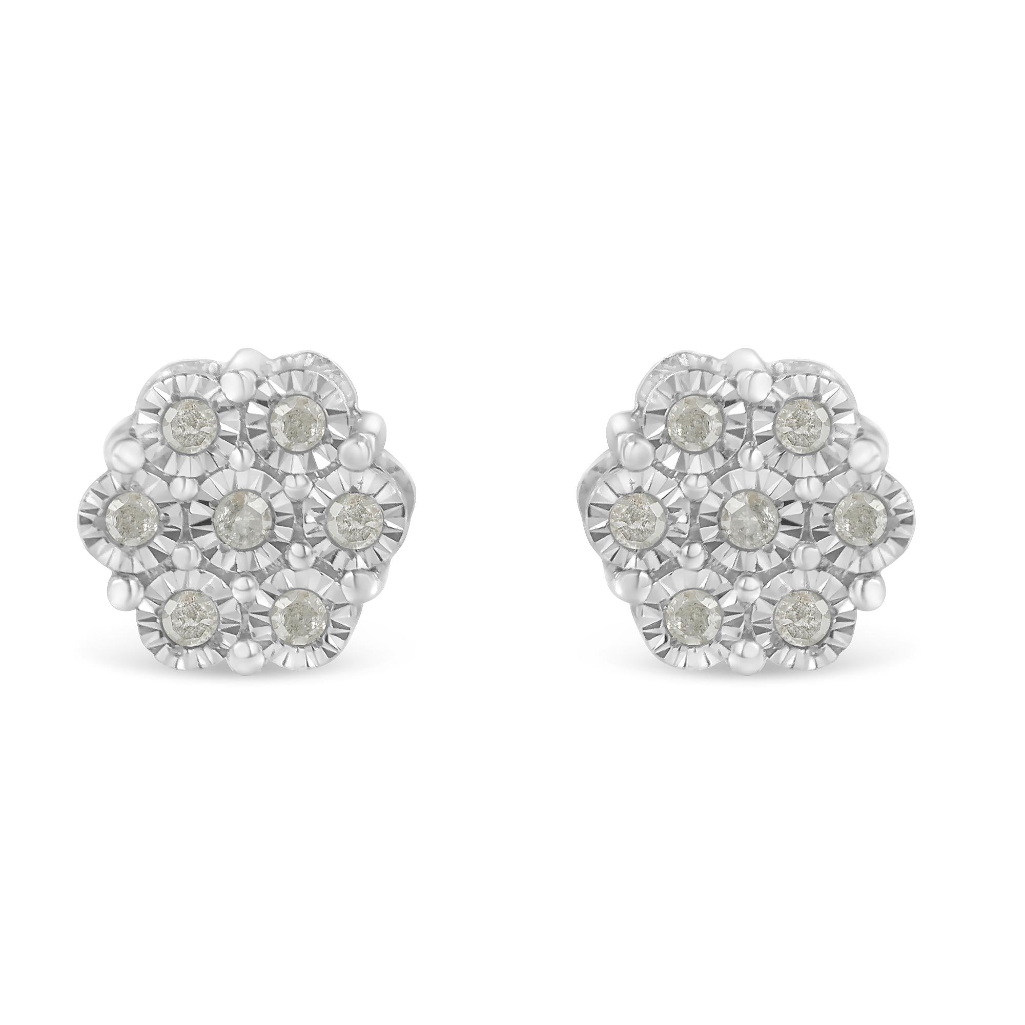 .925 Sterling Silver 1/4 Cttw Round-Cut Diamond Miracle-Set Floral Cluster Button Stud Earrings (I-J Color, I3 Clarity) - Friggin Jewelry