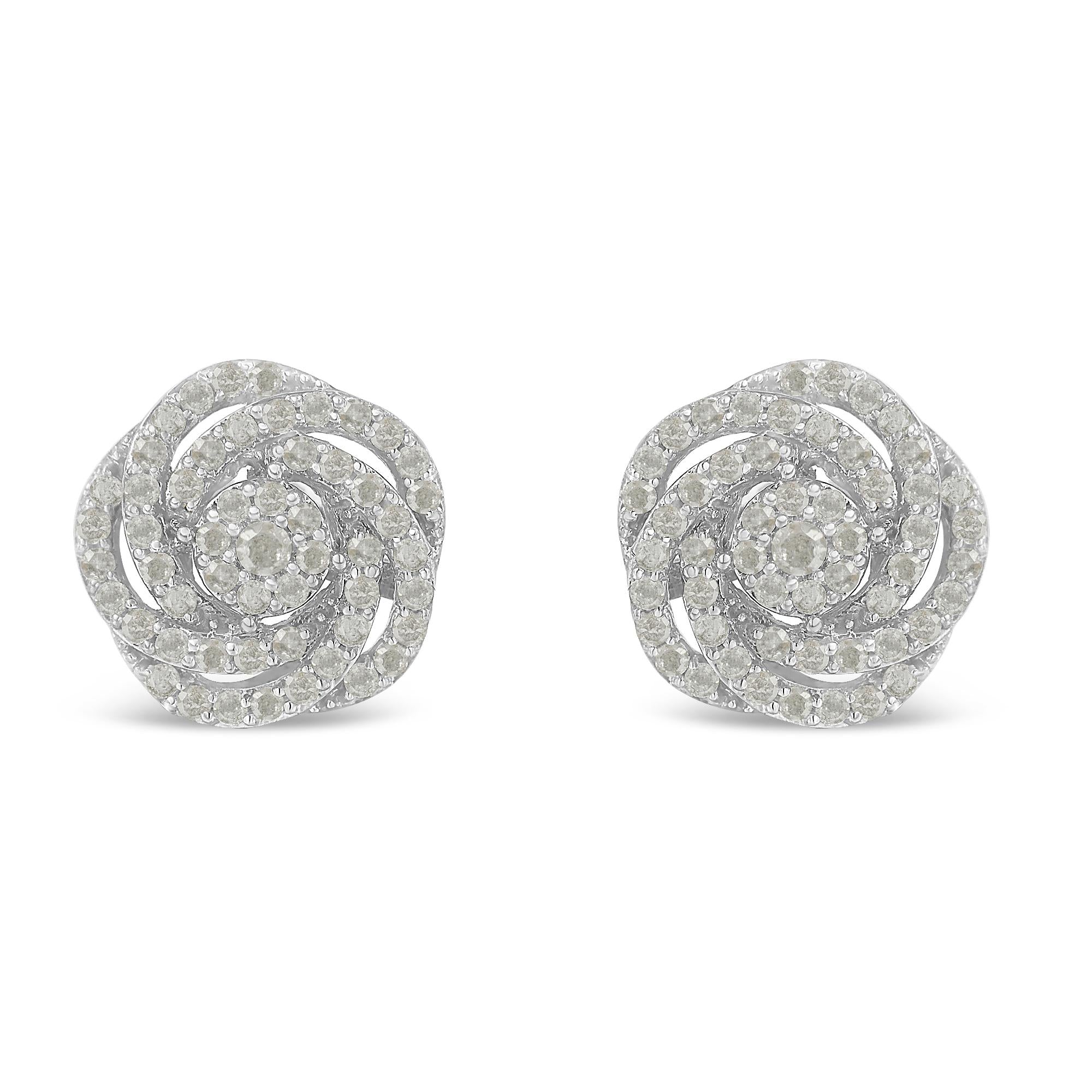Aretes de oro blanco de 10 k con diamantes de talla rosa y racimo floral (1 ct, color IJ, claridad I2-I3) - Friggin Jewelry