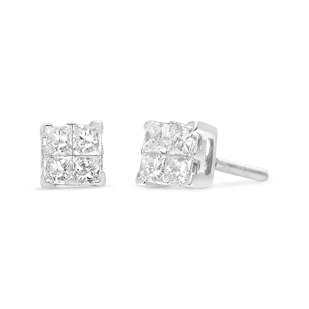 Orecchini a bottone in argento sterling 925 con diamanti taglio principessa da 5/8 carati, montatura invisibile (colore IJ, purezza I2-I3) - Friggin Jewelry