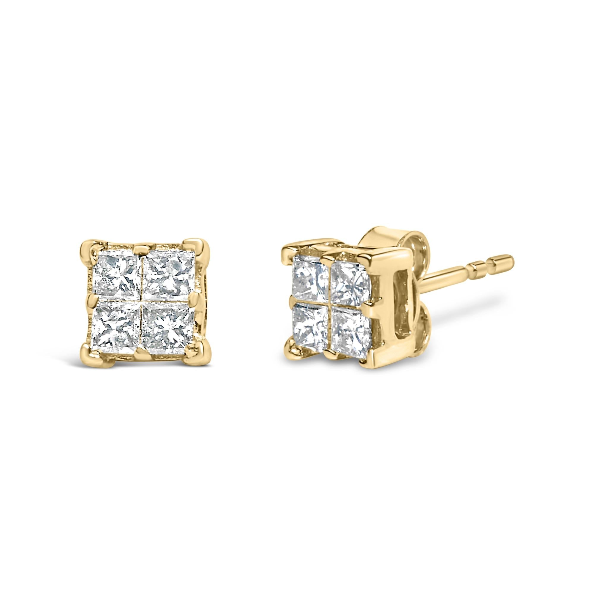 Orecchini a bottone quadrati in oro giallo 14 carati con diamanti incastonati in modo invisibile da 1/2 carati (colore KL, purezza SI1-SI2) - Friggin Jewelry