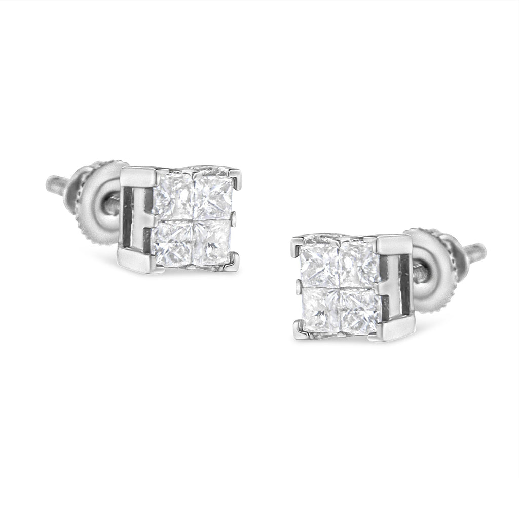 10K White Gold 3/4 Cttw Invisible Set Princess-Cut Diamond Composite Square Stud Earrings (H-I Color, SI2-I1 Clarity) - Friggin Jewelry