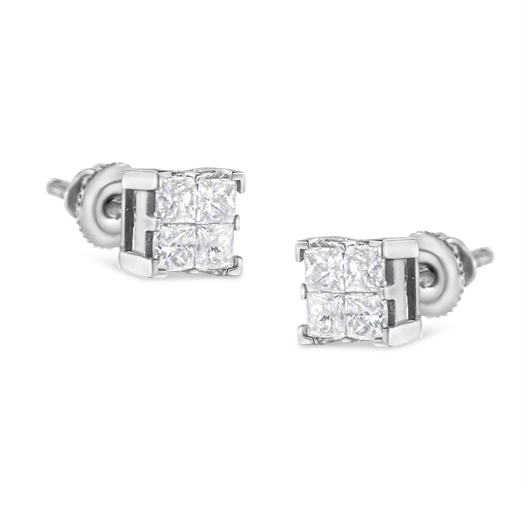10K White Gold 3/4 Cttw Invisible Set Princess-Cut Diamond Composite Square Stud Earrings (H-I Color, SI2-I1 Clarity) - Friggin Jewelry