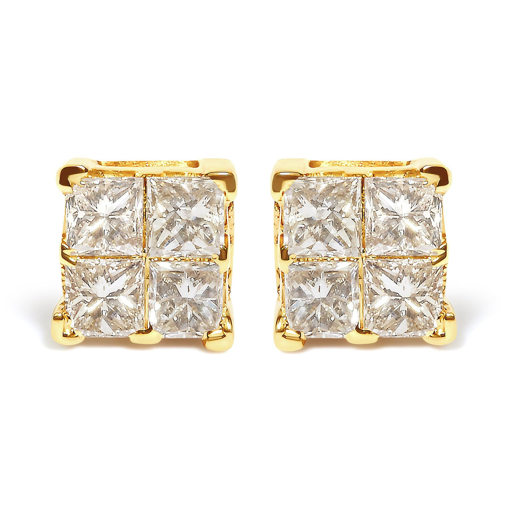 Aretes de oro amarillo de 14 quilates con diamantes de talla princesa de 3/4 quilates y 4 piedras cuadradas engastadas invisibles (color JK, claridad SI2-I1) - Friggin Jewelry