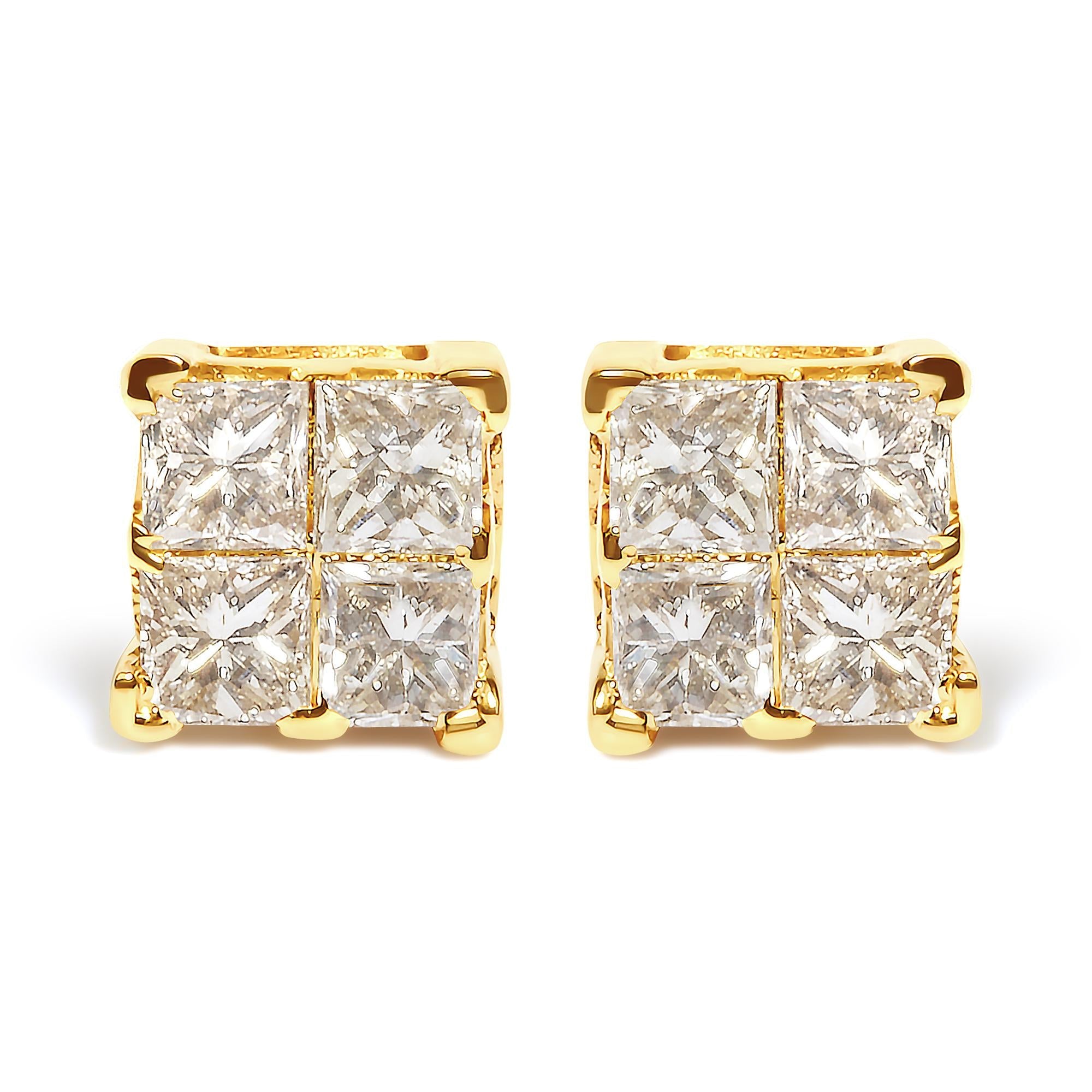 Aretes de oro amarillo de 14 quilates con diamantes de talla princesa de 3/4 quilates y 4 piedras cuadradas engastadas invisibles (color JK, claridad SI2-I1) - Friggin Jewelry