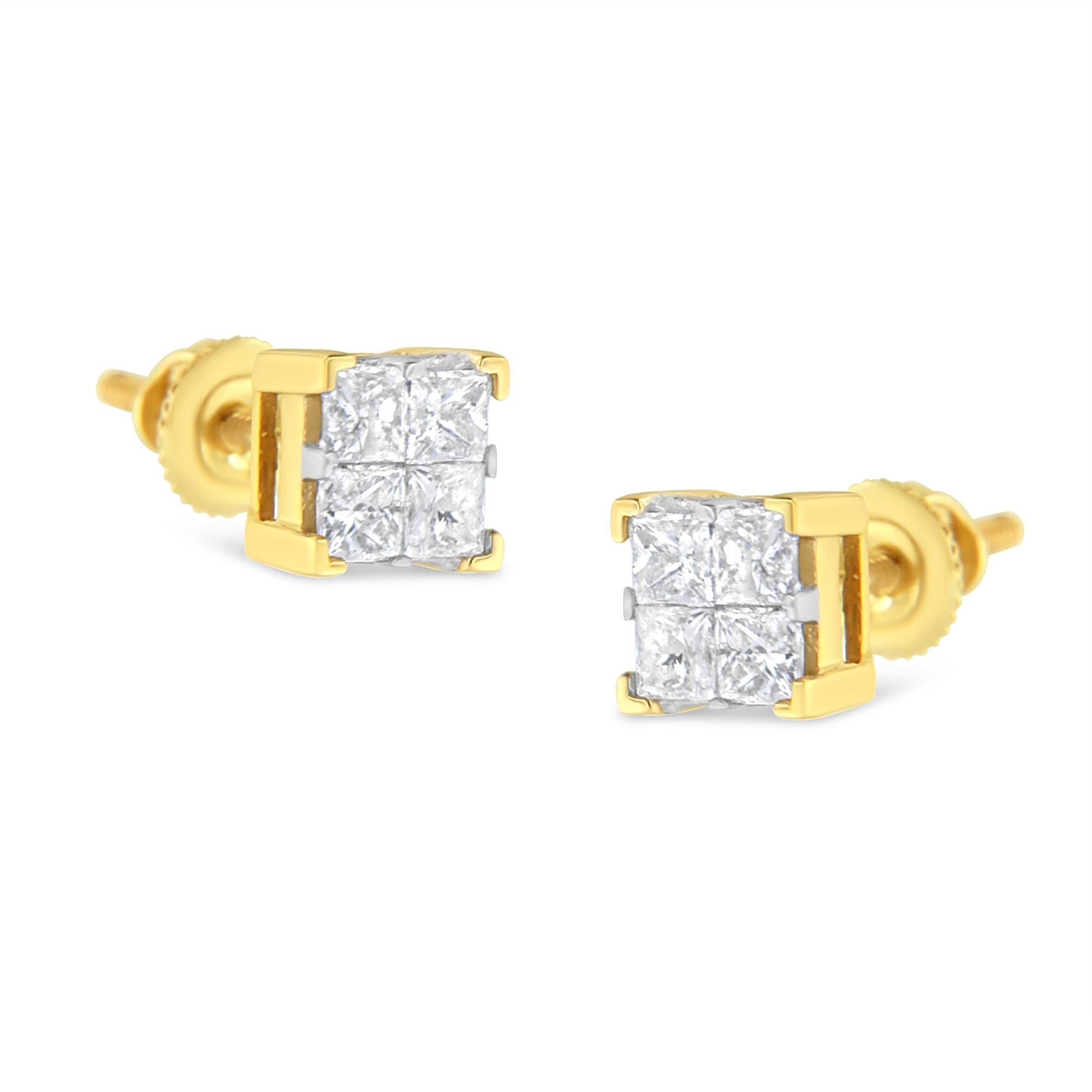 10K Yellow Gold 3/4 Cttw Invisible Set Princess-Cut Diamond Composite Square Stud Earrings (I-J Color, I2-I3 Clarity) - Friggin Jewelry