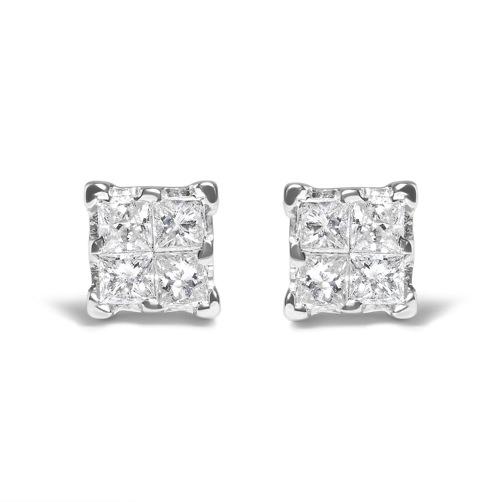 .925 Sterling Silver 1/4 Cttw Invisible Set Princess Diamond Composite Quad Stud Earrings (I-J Color, I1-I2 Clarity) - Friggin Jewelry