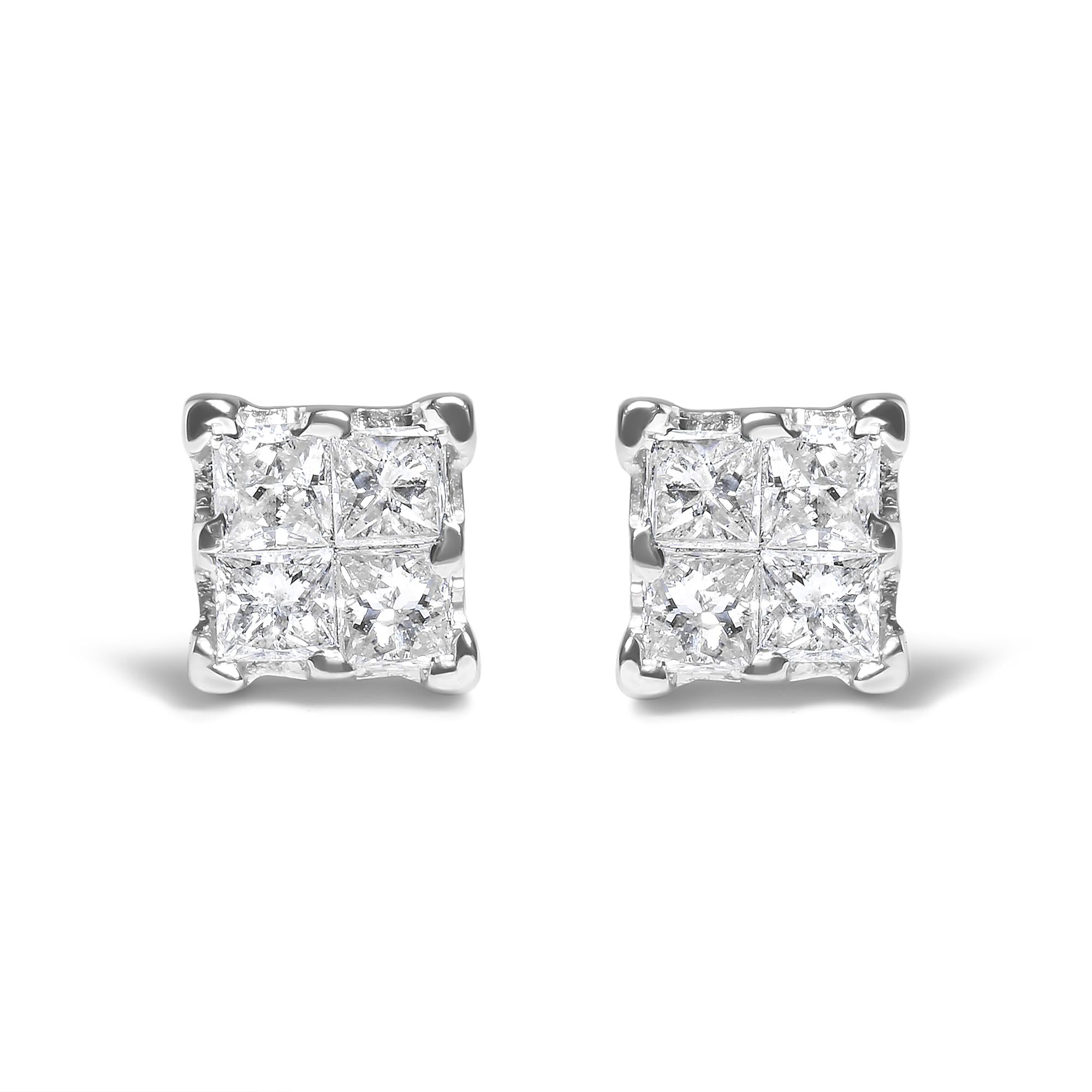Pendientes de botón de plata de ley 925 de 1/4 ct con diamantes princesa engastados invisibles (color IJ, claridad I1-I2) - Friggin Jewelry