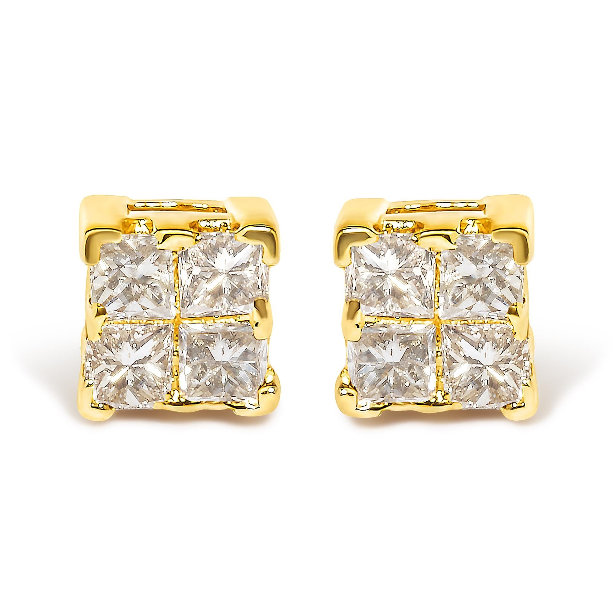 Aretes de oro amarillo de 14 quilates con diamantes cuadrados de talla princesa de 1/4 quilates engastados invisibles (color JK, claridad I1-I2) - Friggin Jewelry