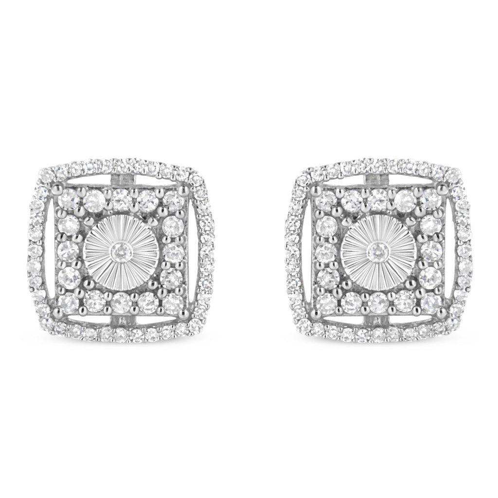 Pendiente de botón con doble halo y disco de diamantes redondos de 1,0 ct en plata de ley 925 (color IJ, claridad I2-I3) - Friggin Jewelry
