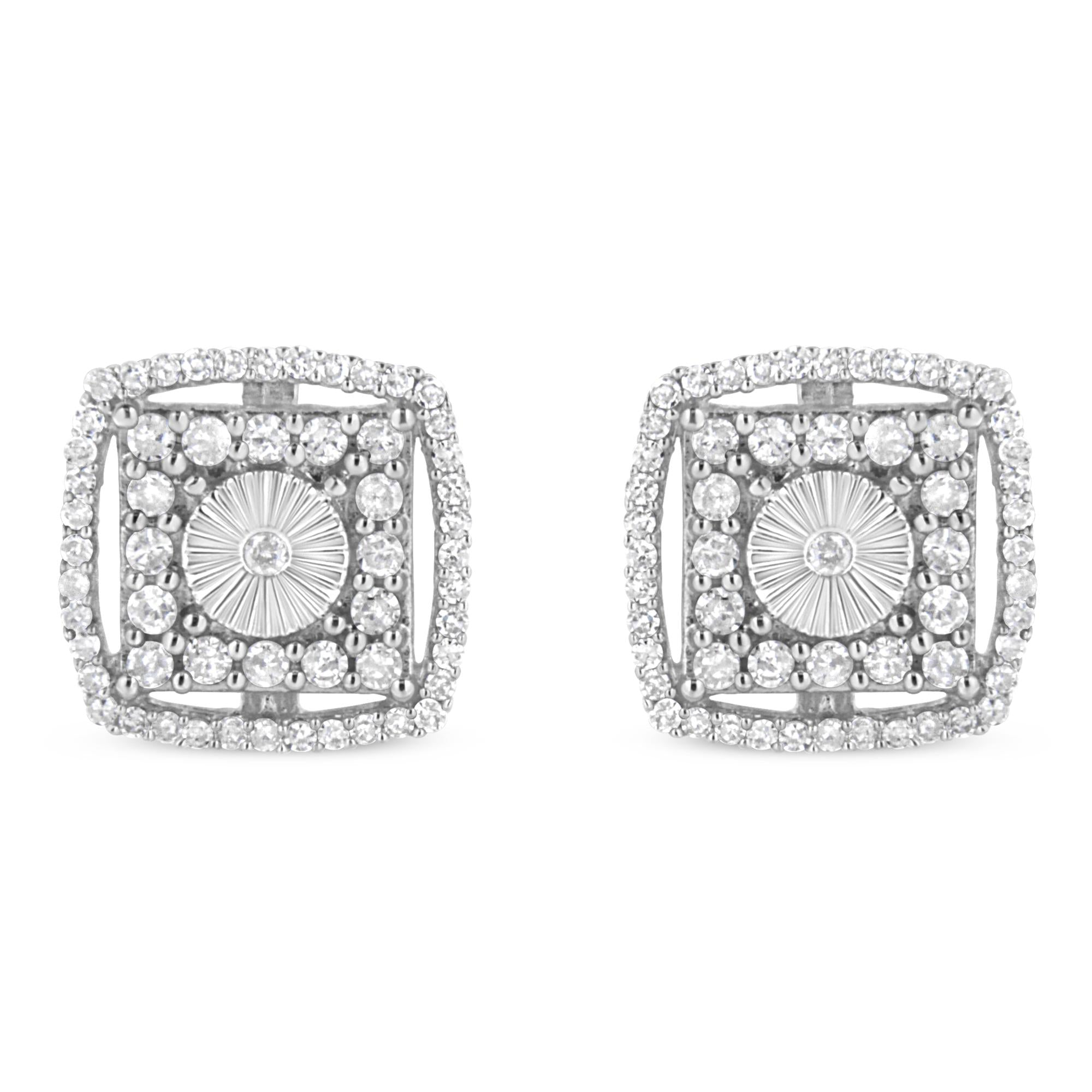 Pendiente de botón con doble halo y disco de diamantes redondos de 1,0 ct en plata de ley 925 (color IJ, claridad I2-I3) - Friggin Jewelry