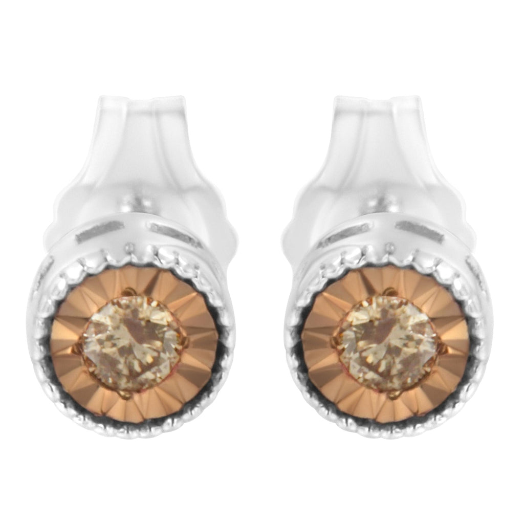 Pendientes de botón de plata de ley 925 de 1/10 quilates con diamantes champán de talla brillante redondos engastados milagros (color natural, claridad I1-I2) - Friggin Jewelry