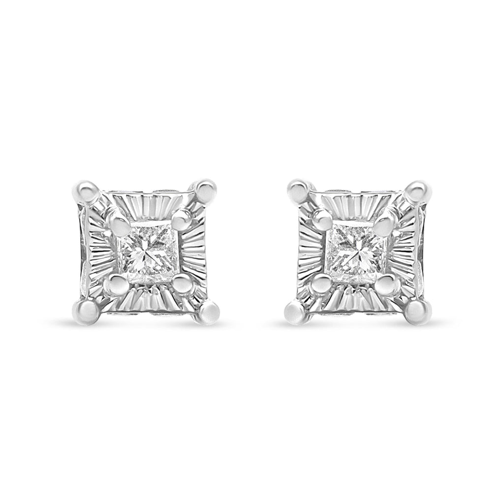 Aretes solitarios de diamantes de talla princesa engastados milagros de 1/4 ct en plata de ley 925 con halo oculto (color IJ, claridad SI2-I1) - Friggin Jewelry