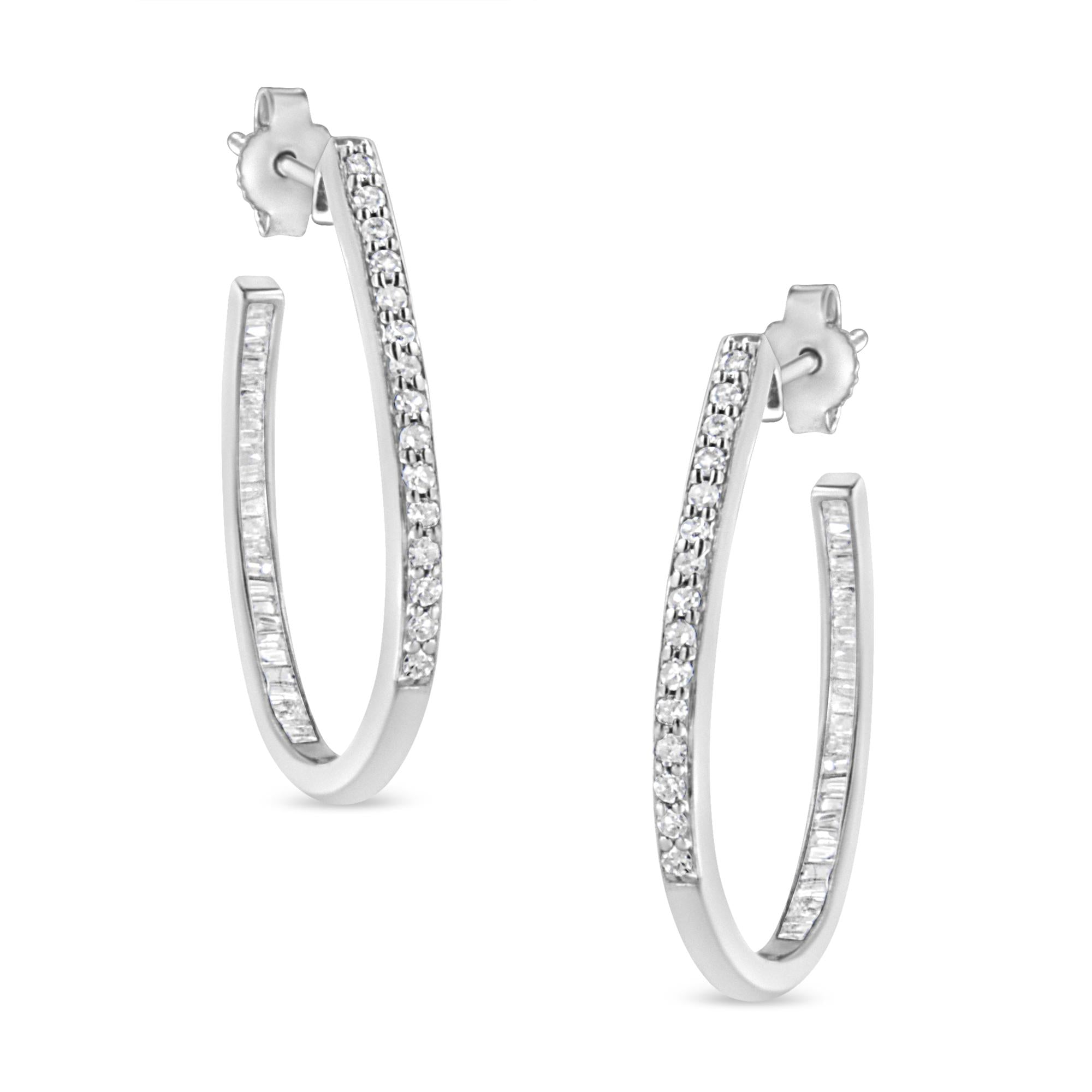 Orecchini a cerchio con diamanti taglio baguette e rotondo da 1/2 carati in argento sterling 925 (colore HI, purezza I1-I2) - Friggin Jewelry