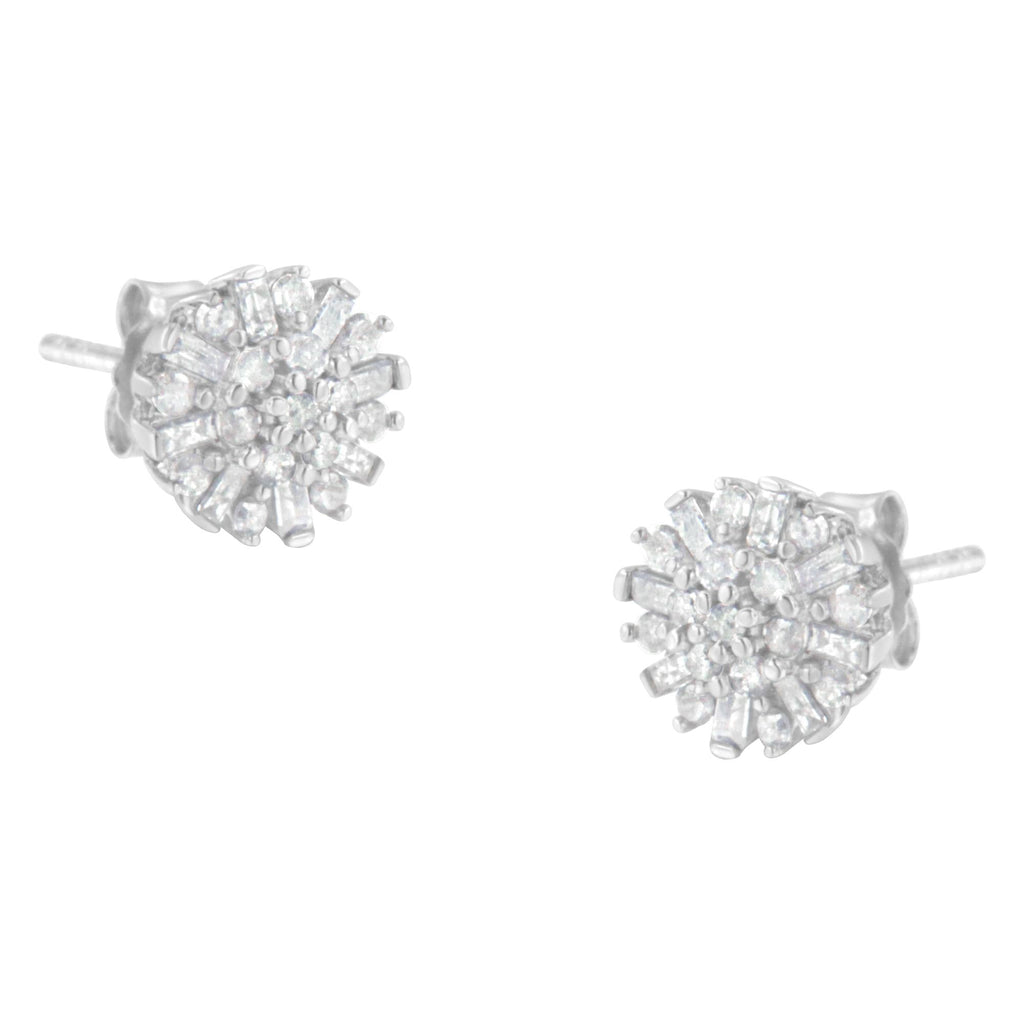 .925 Sterling Silver 1/2 Round and Baguette Diamond Sunburst Floral Cluster Stud Earrings (I-J Color, I3 Clarity) - Friggin Jewelry