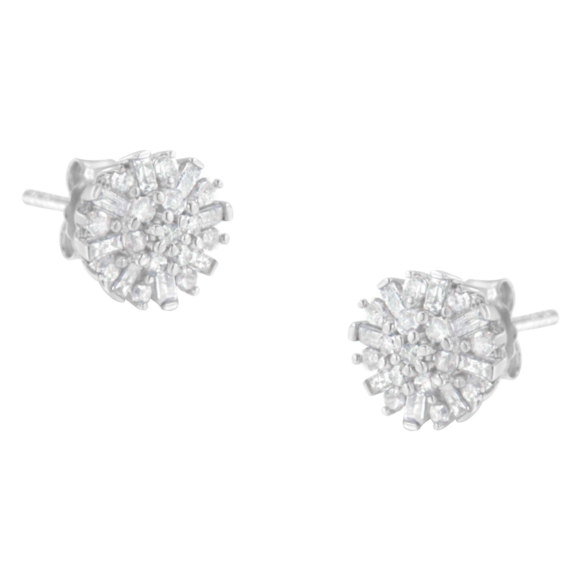 .925 Sterling Silver 1/2 Round and Baguette Diamond Sunburst Floral Cluster Stud Earrings (I-J Color, I3 Clarity) - Friggin Jewelry