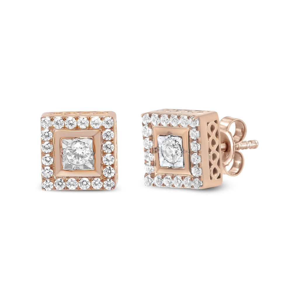 14K Rose Gold Plated .925 Sterling Silver 1/2 Cttw Diamond Halo Square-Shaped Frame Stud Earring (I-J Color, I3 Clarity) - Friggin Jewelry