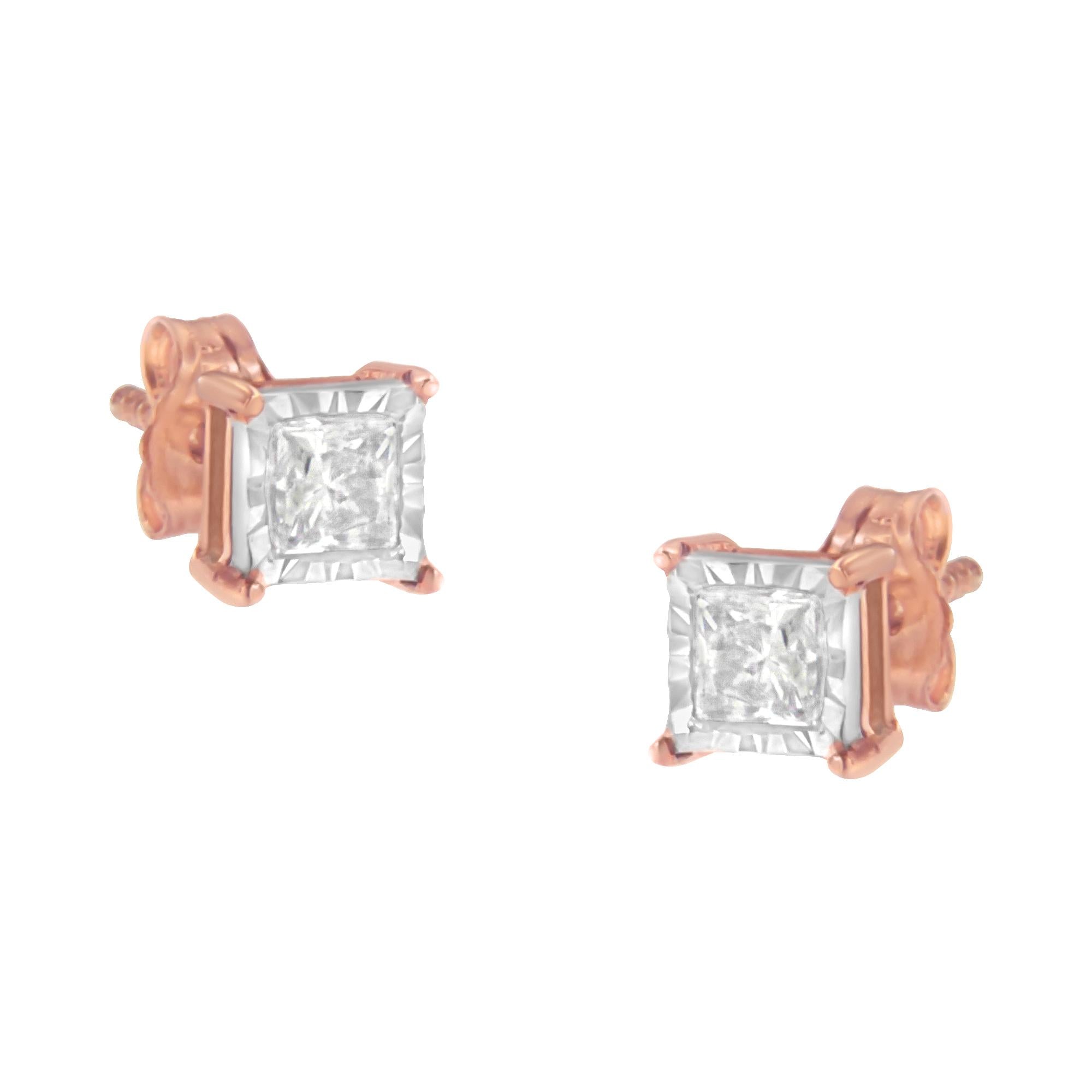 14K Rose Gold Plated Two-Tone .925 Sterling Silver 1/2 Cttw Princess-Cut Square Near Colorless Diamond Solitaire Miracle-Plate Stud Earrings (J-K Color, I2-I3 Clarity) - Friggin Jewelry