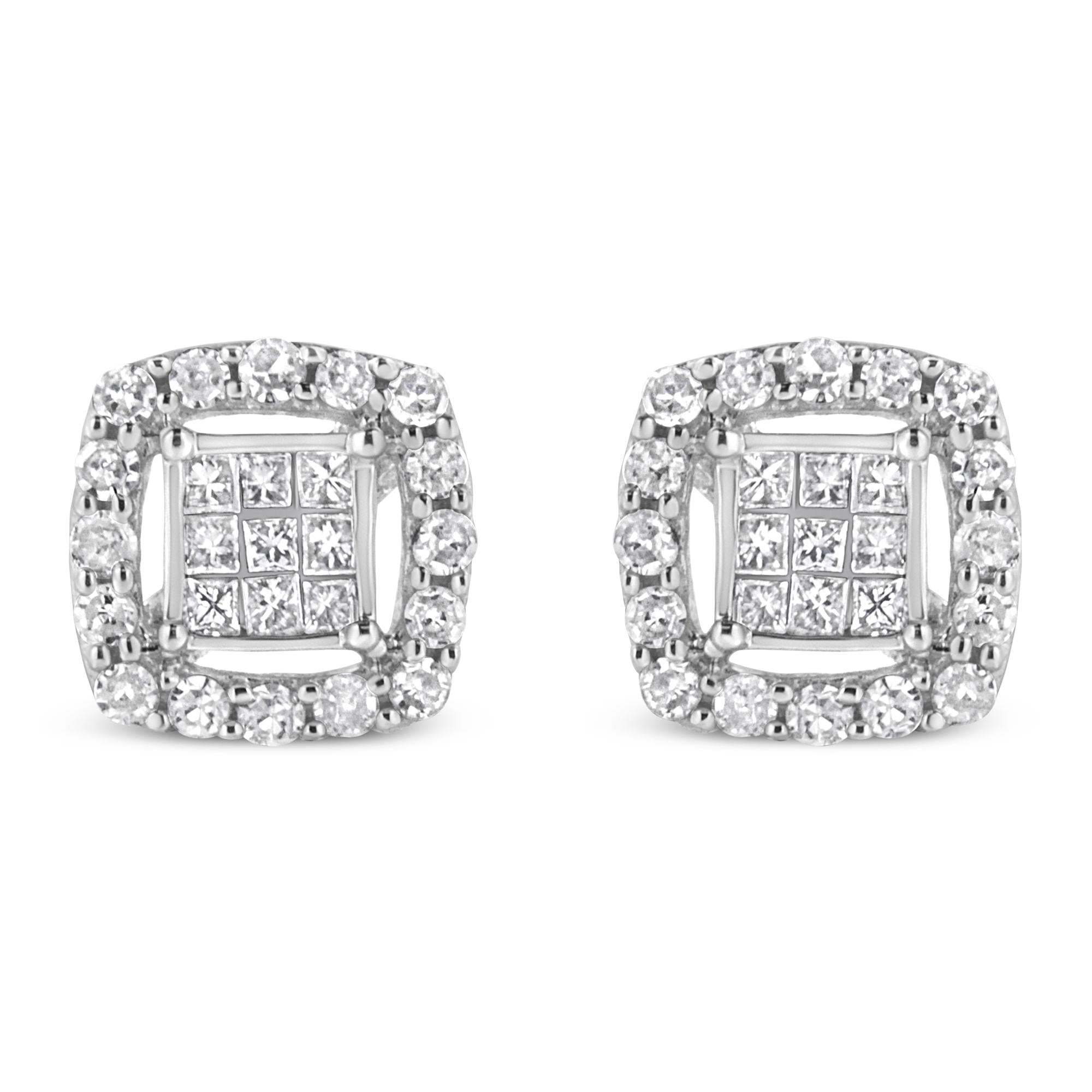 Aretes de plata de ley 925 con diamantes redondos y de talla princesa de 1/2 quilates (color IJ, claridad I1-I2) - Friggin Jewelry