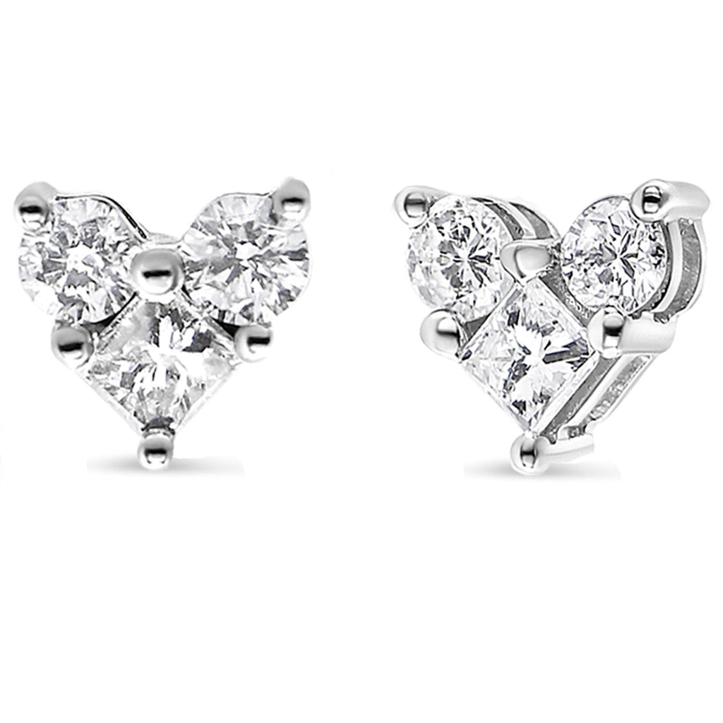 10K White Gold Diamond 3 Stone Trio Heart Stud Earring (I-J Color, I1-I2 Clarity) - Friggin Jewelry