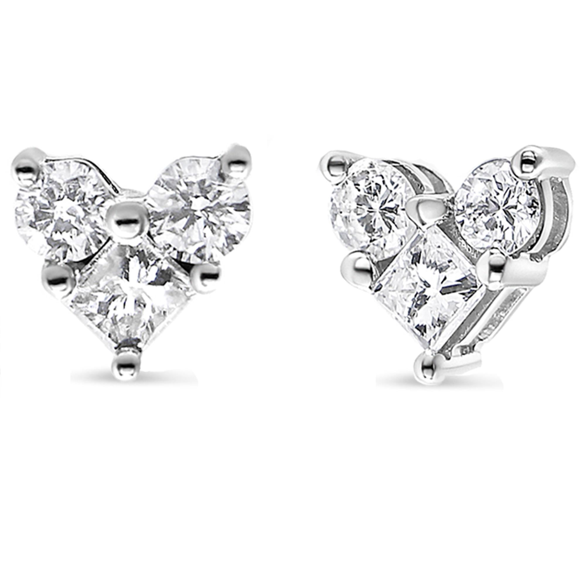 10K White Gold Diamond 3 Stone Trio Heart Stud Earring (I-J Color, I1-I2 Clarity) - Friggin Jewelry