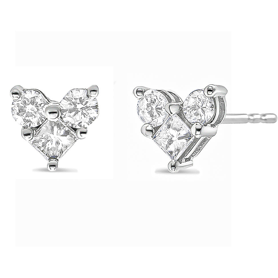 10K White Gold Diamond 3 Stone Trio Heart Stud Earring (I-J Color, I1-I2 Clarity) - Friggin Jewelry