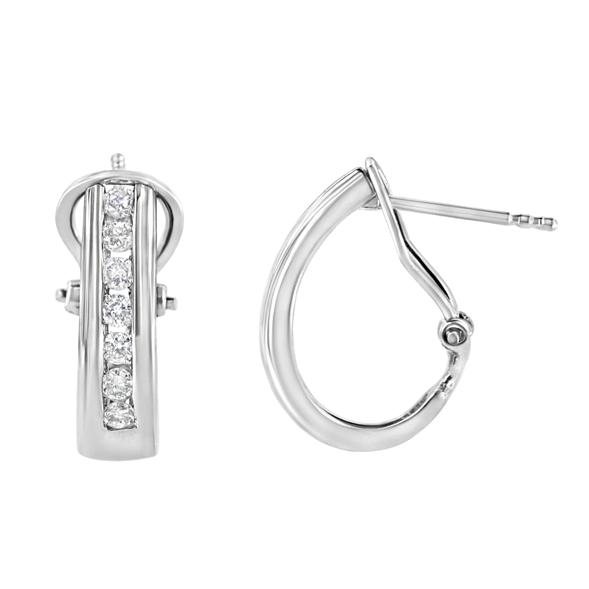 .925 Sterling Silver Channel Set 1/2 Cttw Lab Grown Round Diamond Omega Back Huggie Hoop Earrings (F-G Color, SI1-SI2 Clarity) - Friggin Jewelry