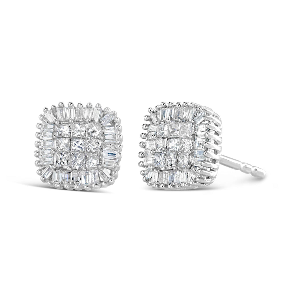 Aretes de oro blanco de 10 quilates de 1/2 ct con diamantes baguette de talla princesa y engaste invisible (color HI, claridad I1-I2) - Friggin Jewelry
