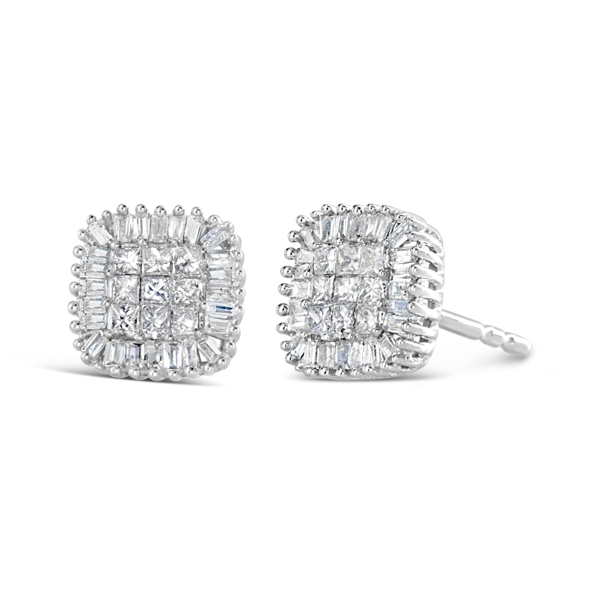 Aretes de oro blanco de 10 quilates de 1/2 ct con diamantes baguette de talla princesa y engaste invisible (color HI, claridad I1-I2) - Friggin Jewelry