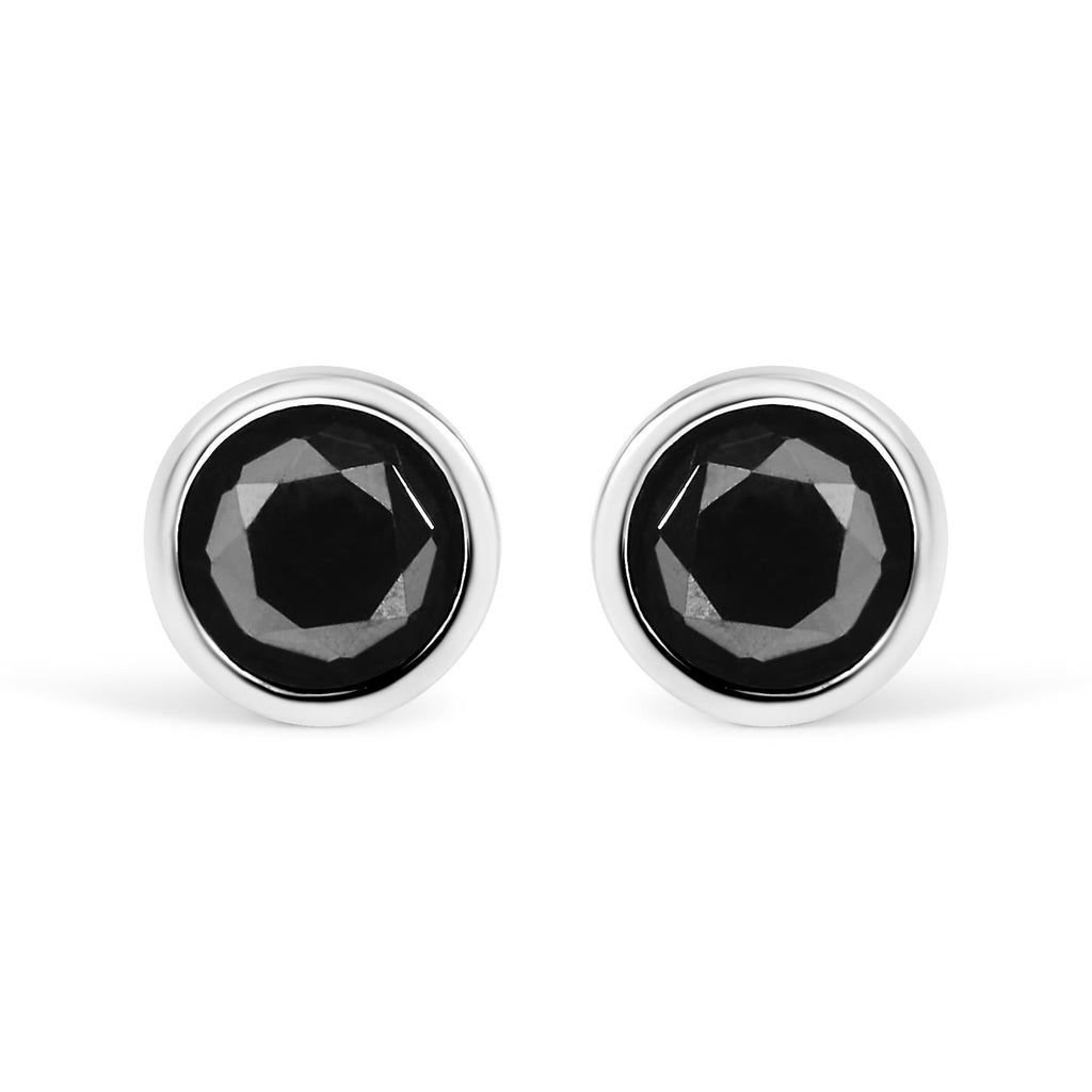 Aretes de plata de ley 925 con diamantes negros redondos de talla brillante, engastados en bisel y cierre de rosca (color elegante, claridad I2-I3) - Friggin Jewelry