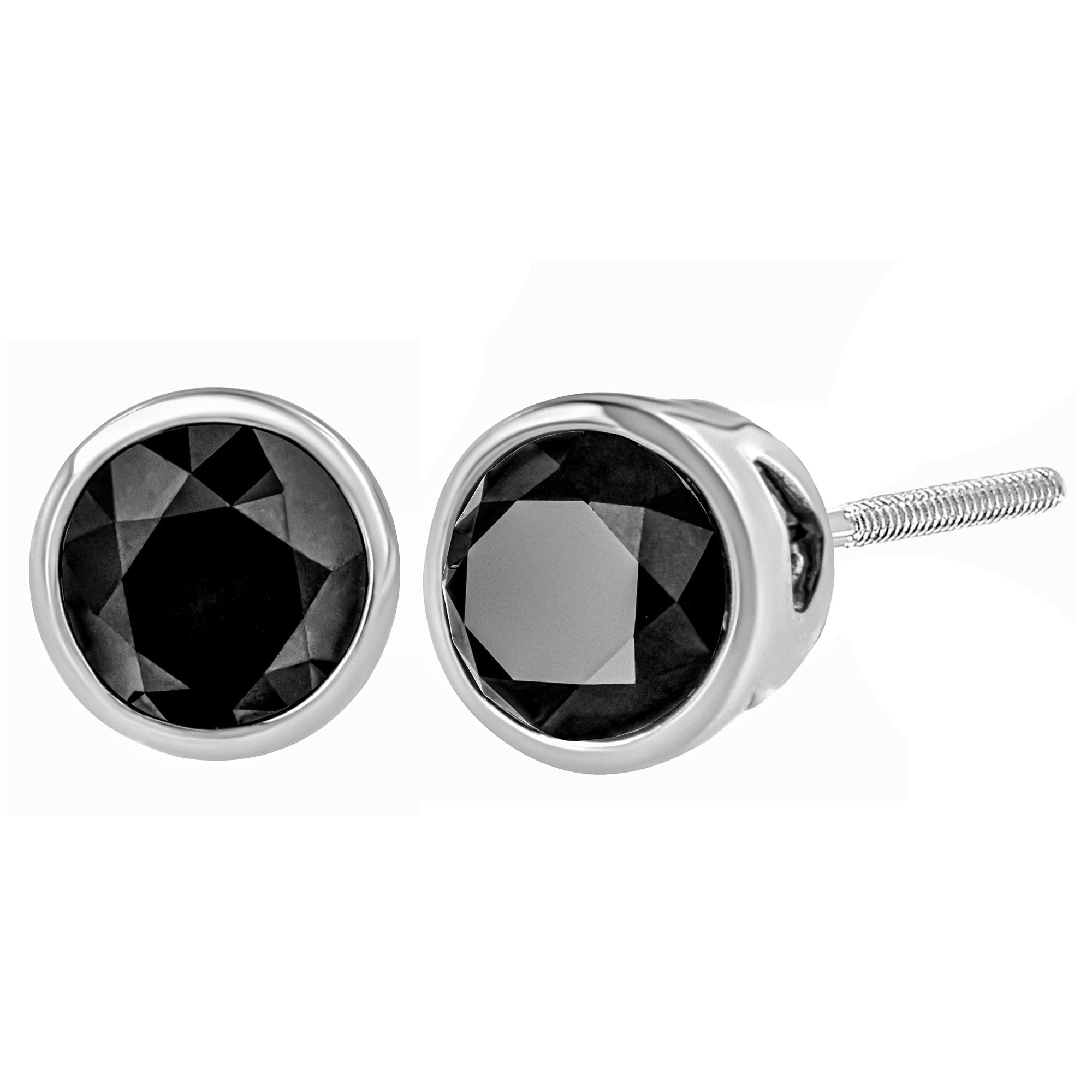 Aretes de oro blanco de 14 quilates con diamantes negros redondos de talla brillante engastados en bisel y cierre de rosca (color fantasía realzado, claridad I2-I3) - Friggin Jewelry