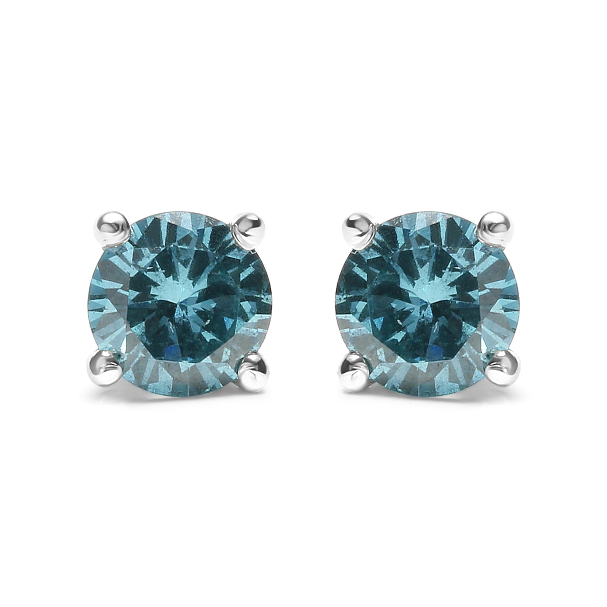 14K Gold 1/2 Cttw Aqua Blue Diamond Screw-Back 4-Prong Classic Stud Earrings (Color Treated, I2-I3) - Friggin Jewelry