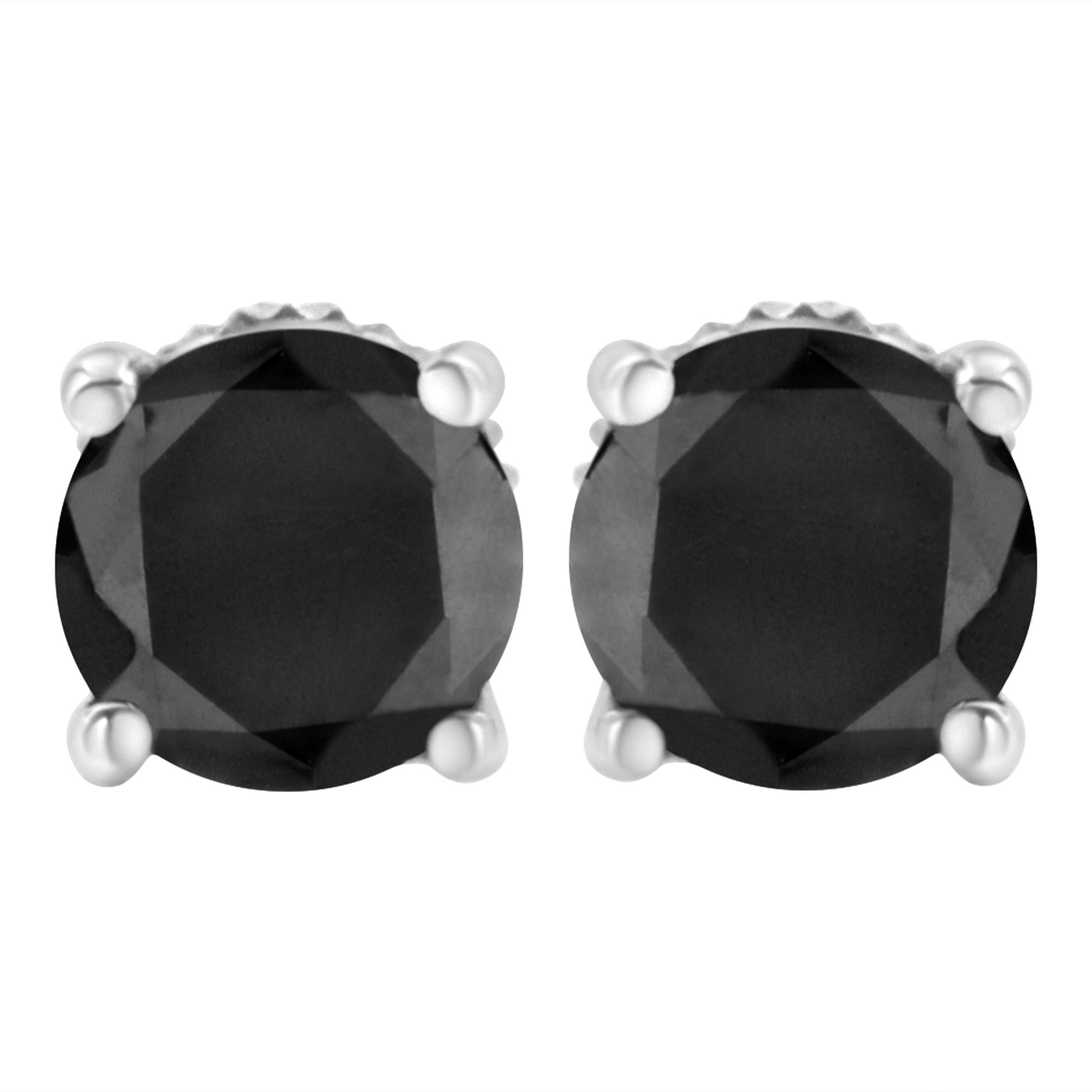 Pendientes clásicos de 4 puntas con diamantes negros de talla brillante redondos y cierre de rosca en plata de ley 925 (color elegante, claridad I2-I3) - Friggin Jewelry