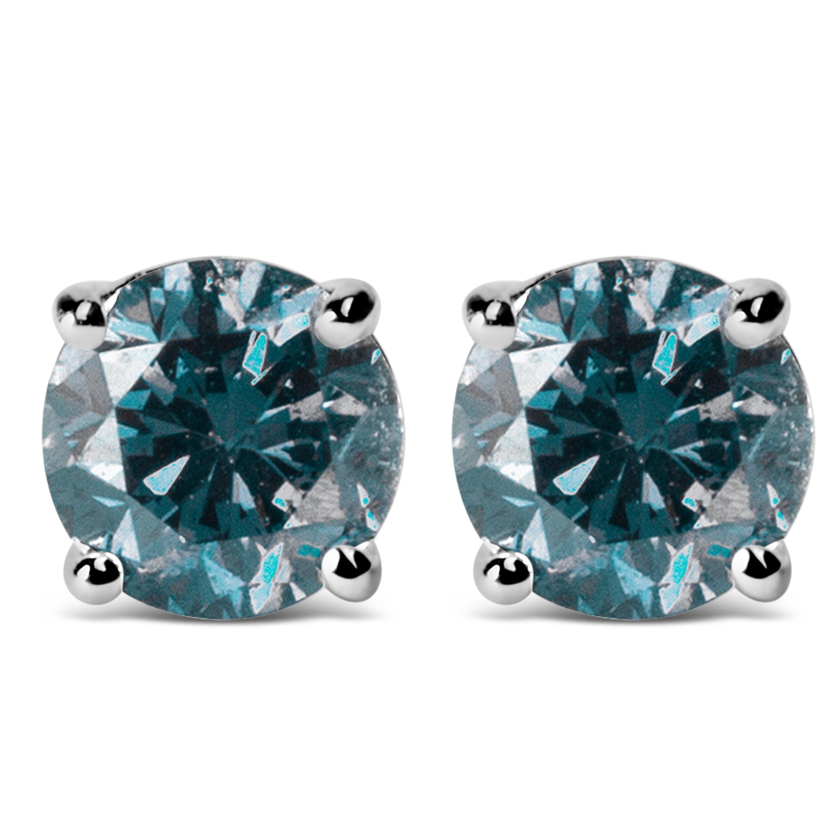14K Gold Round Brilliant Cut Lab Grown Blue Diamond 4-Prong Classic Solitaire Stud Earrings with Pushbacks - Friggin Jewelry