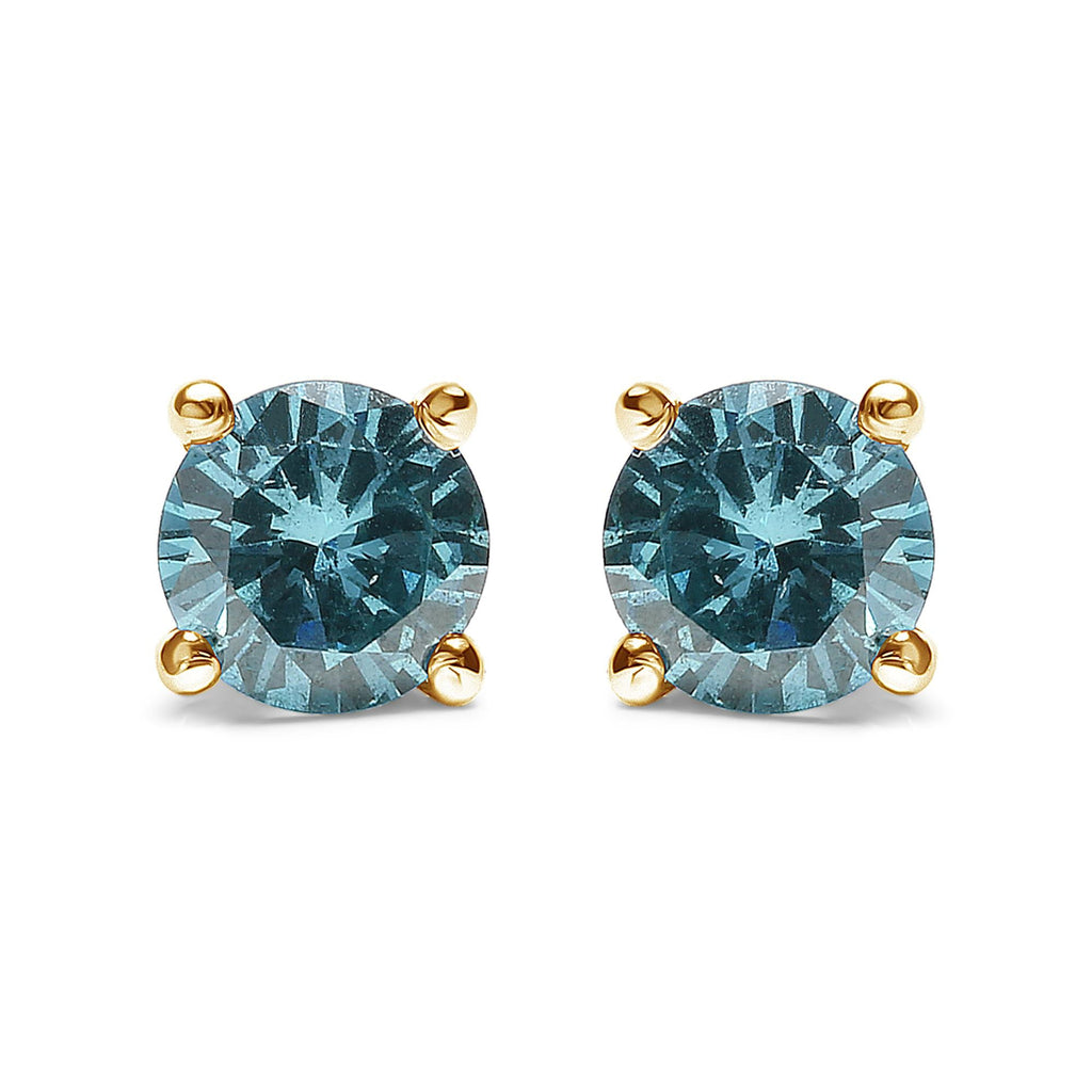 14K Gold 1/2 Cttw Aqua Blue Diamond Screw-Back 4-Prong Classic Stud Earrings (Color Treated, I2-I3) - Friggin Jewelry