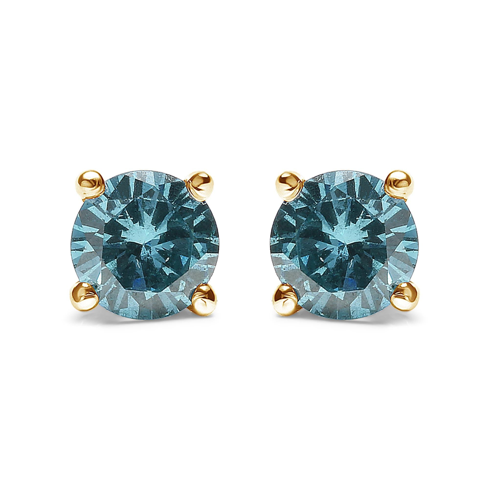 14K Gold 1/2 Cttw Aqua Blue Diamond Screw-Back 4-Prong Classic Stud Earrings (Color Treated, I2-I3) - Friggin Jewelry