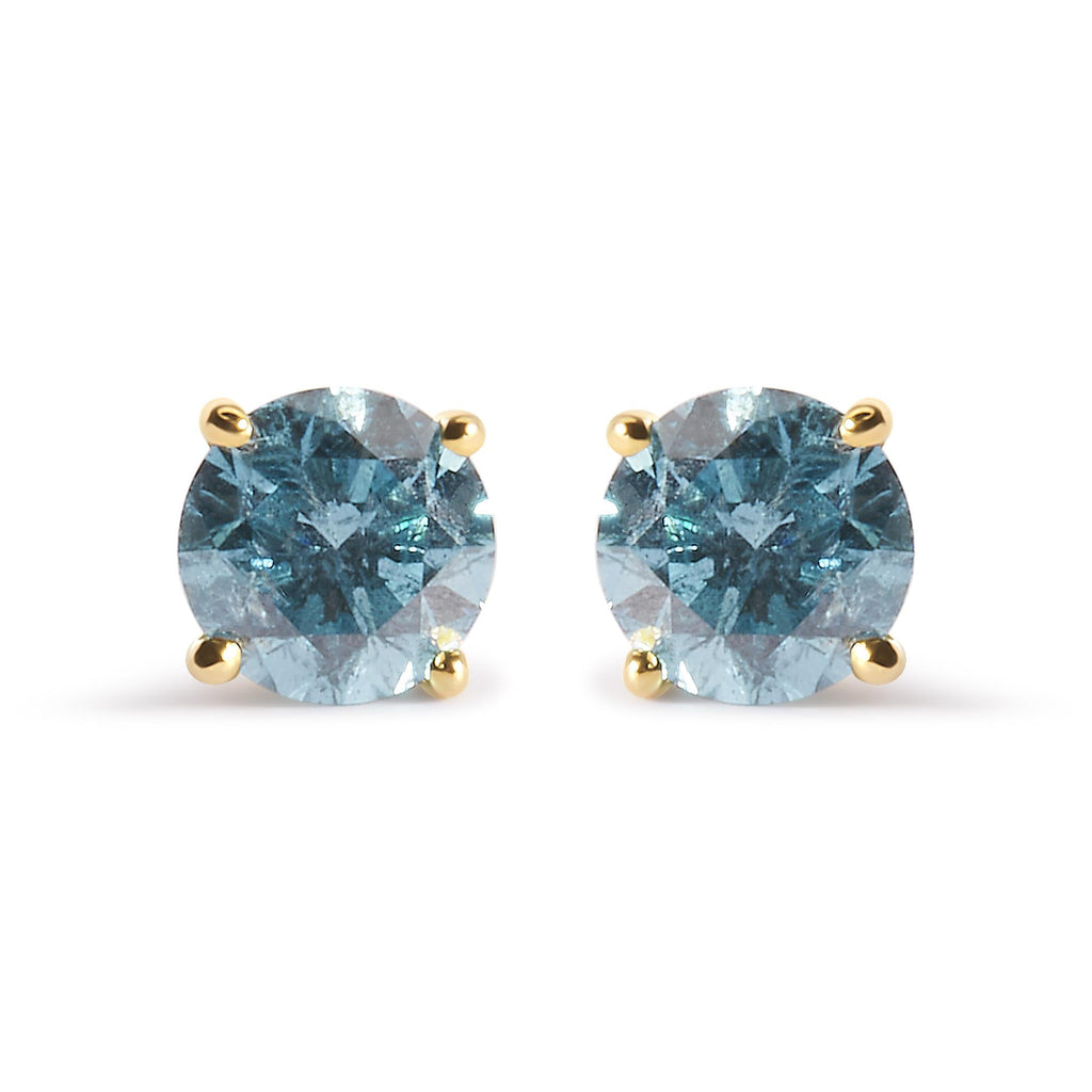 Aretes solitarios clásicos de oro amarillo de 14 quilates con diamante azul agua tratado de 1,0 quilates (color azul agua, claridad I2-I3) - Friggin Jewelry