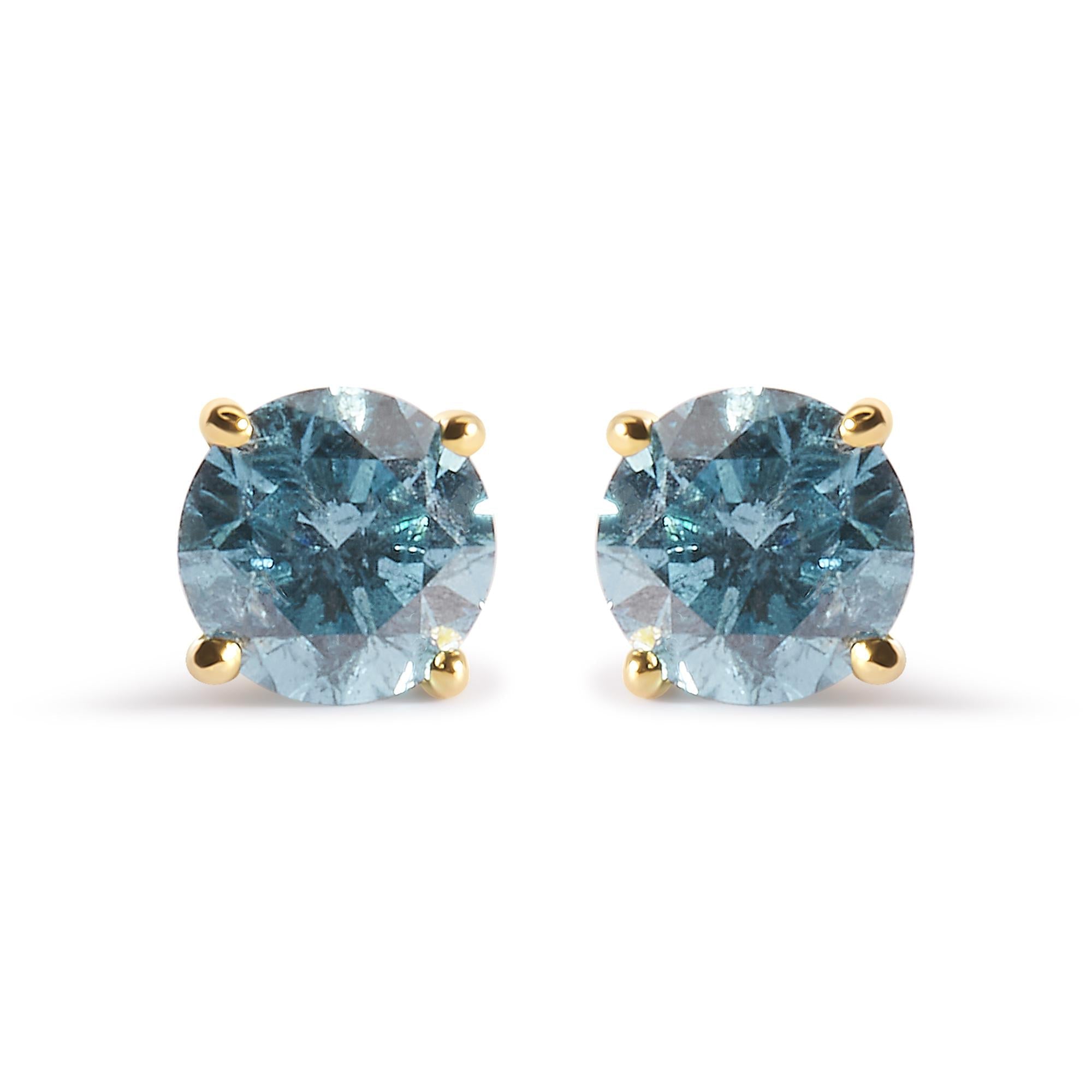 14K Yellow Gold 1.0 Cttw Treated Aqua Blue Diamond Classic Solitaire Stud Earrings (Aqua Blue Color, I2-I3 Clarity) - Friggin Jewelry