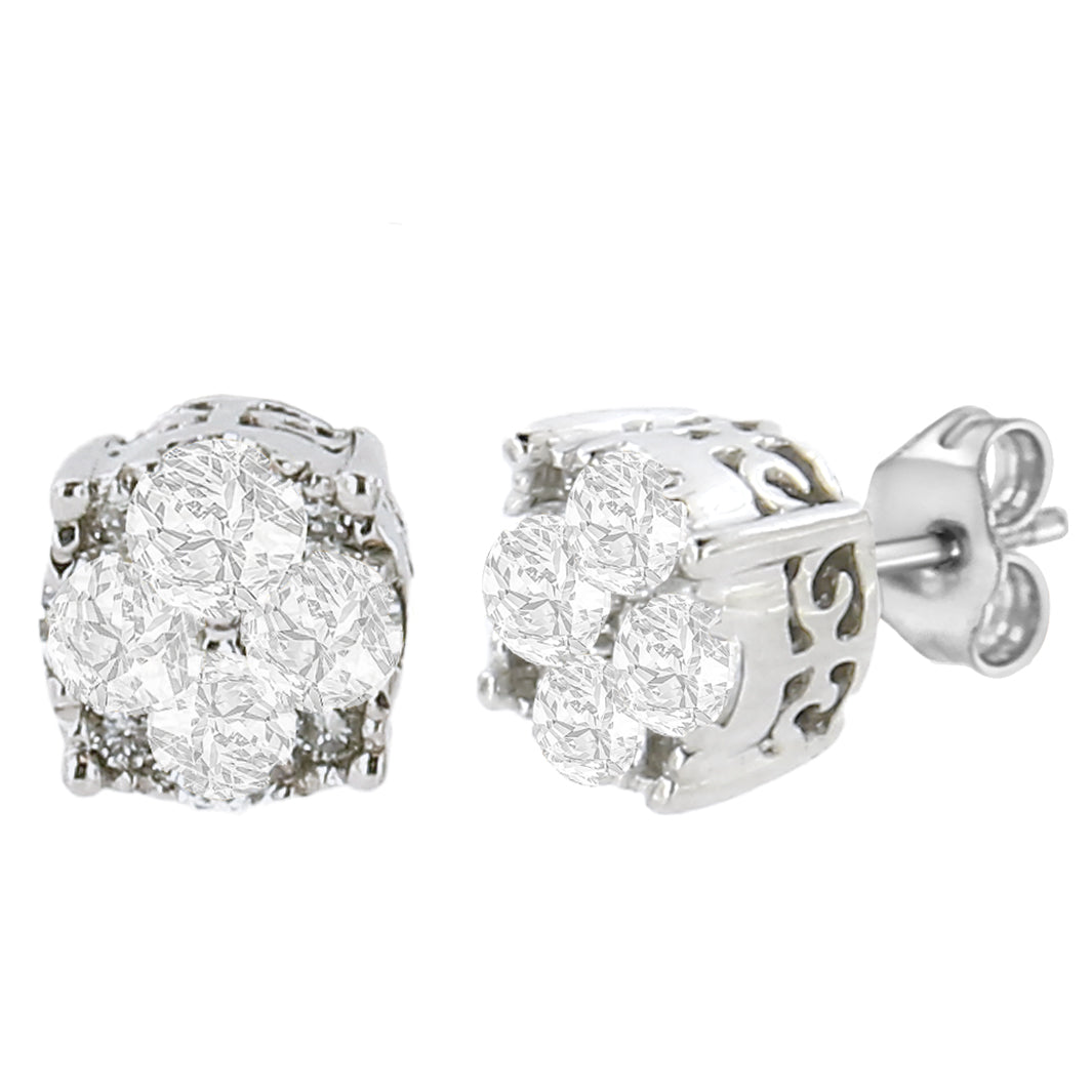 .925 Sterling Silver 1/2 cttw Prong Set Round-Cut Diamond Cluster Stud Earring (I-J Color, I2-I3 Clarity) - Friggin Jewelry