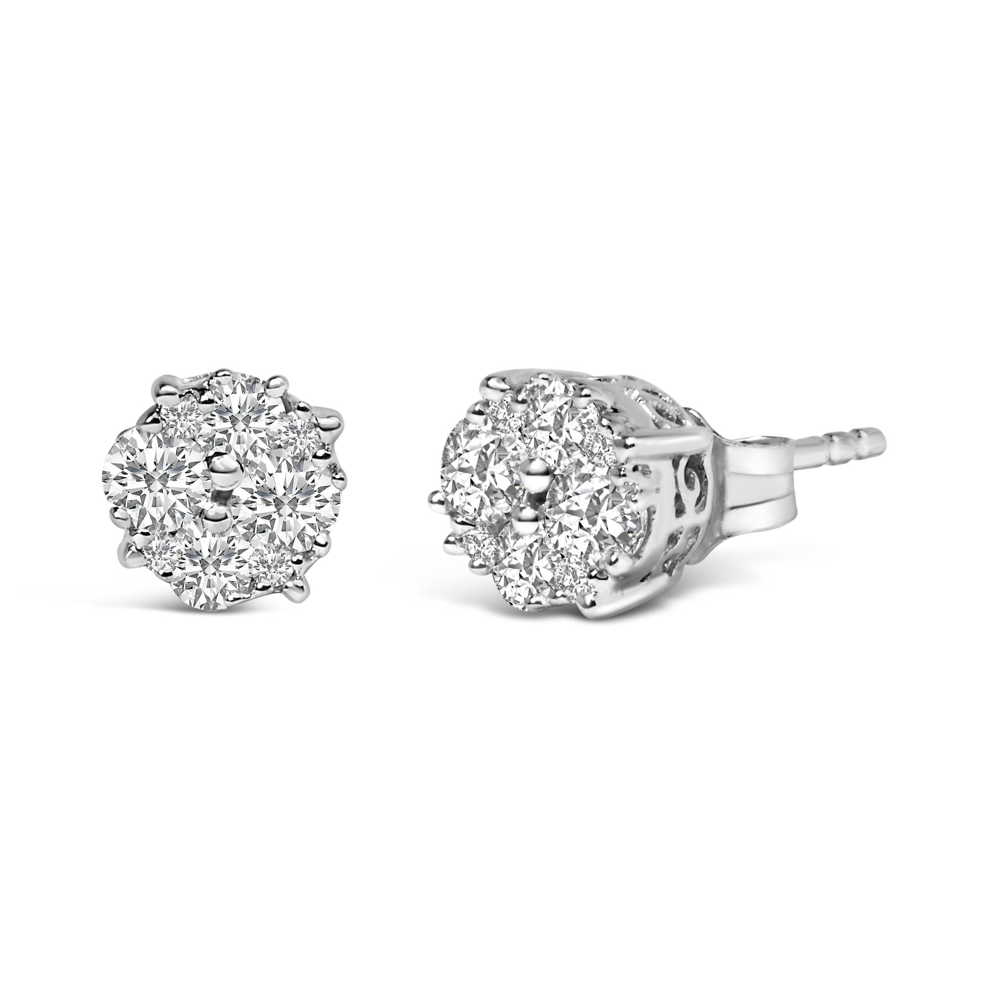 .925 Sterling Silver 1/2 cttw Prong Set Round-Cut Diamond Cluster Stud Earring (I-J Color, I2-I3 Clarity) - Friggin Jewelry