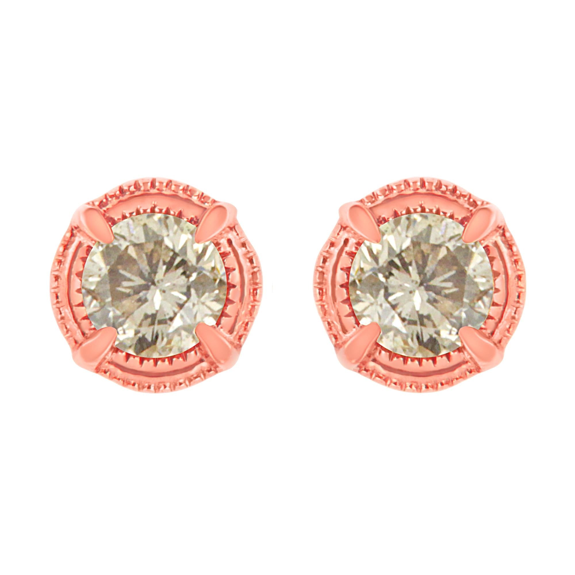 .925 Sterling Silver Round Brilliant Cut Diamond Solitaire Milgrain Stud Earrings - Friggin Jewelry