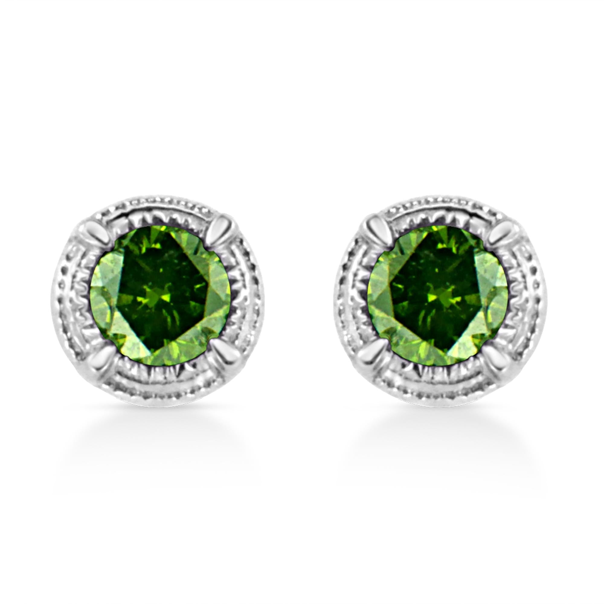 Orecchini a bottone Milgrain moderni a 4 punte con diamanti colorati trattati in argento sterling 925 - Friggin Jewelry