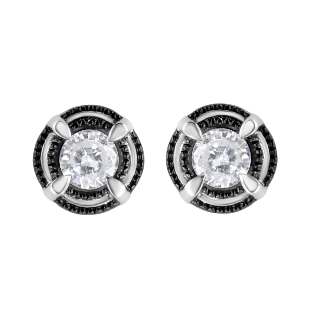 Black Rhodium Plated .925 Sterling Silver Round Diamond Double Halo 4-Prong Solitaire Milgrain Stud Earrings - Friggin Jewelry