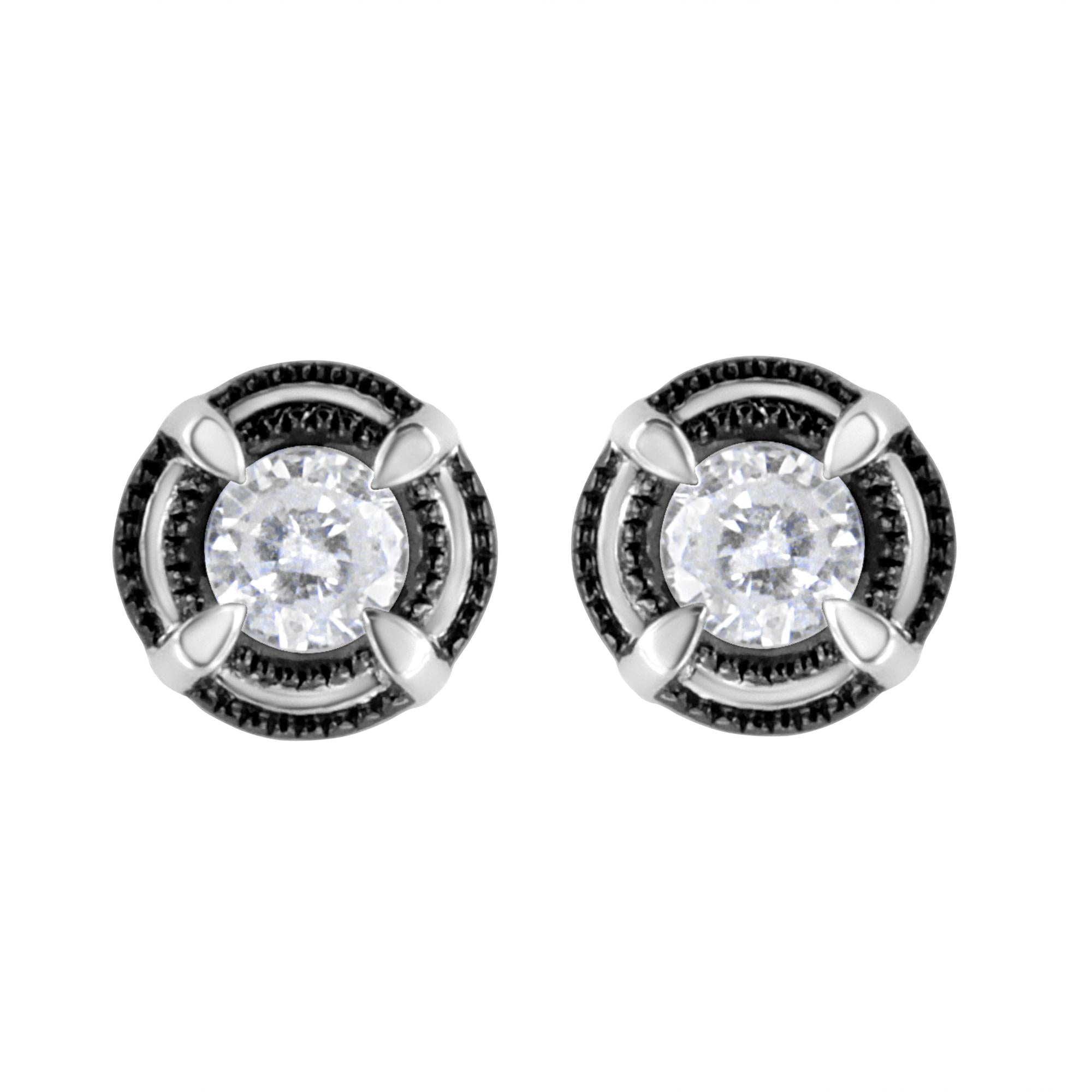 Black Rhodium Plated .925 Sterling Silver Round Diamond Double Halo 4-Prong Solitaire Milgrain Stud Earrings - Friggin Jewelry