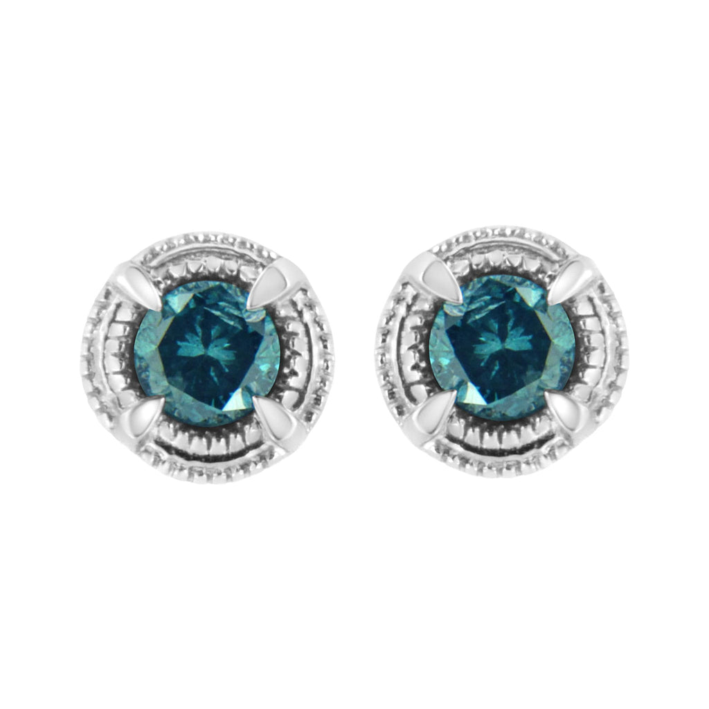 Orecchini a bottone Milgrain moderni a 4 punte con diamanti colorati trattati in argento sterling 925 - Friggin Jewelry