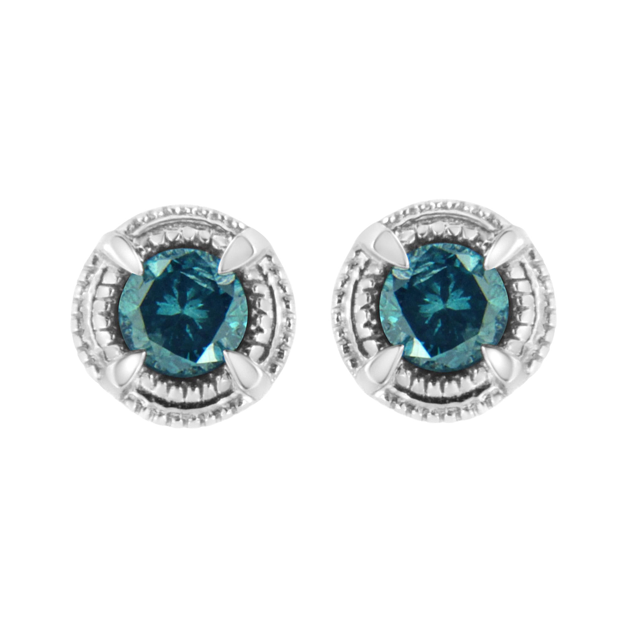 Orecchini a bottone Milgrain moderni a 4 punte con diamanti colorati trattati in argento sterling 925 - Friggin Jewelry