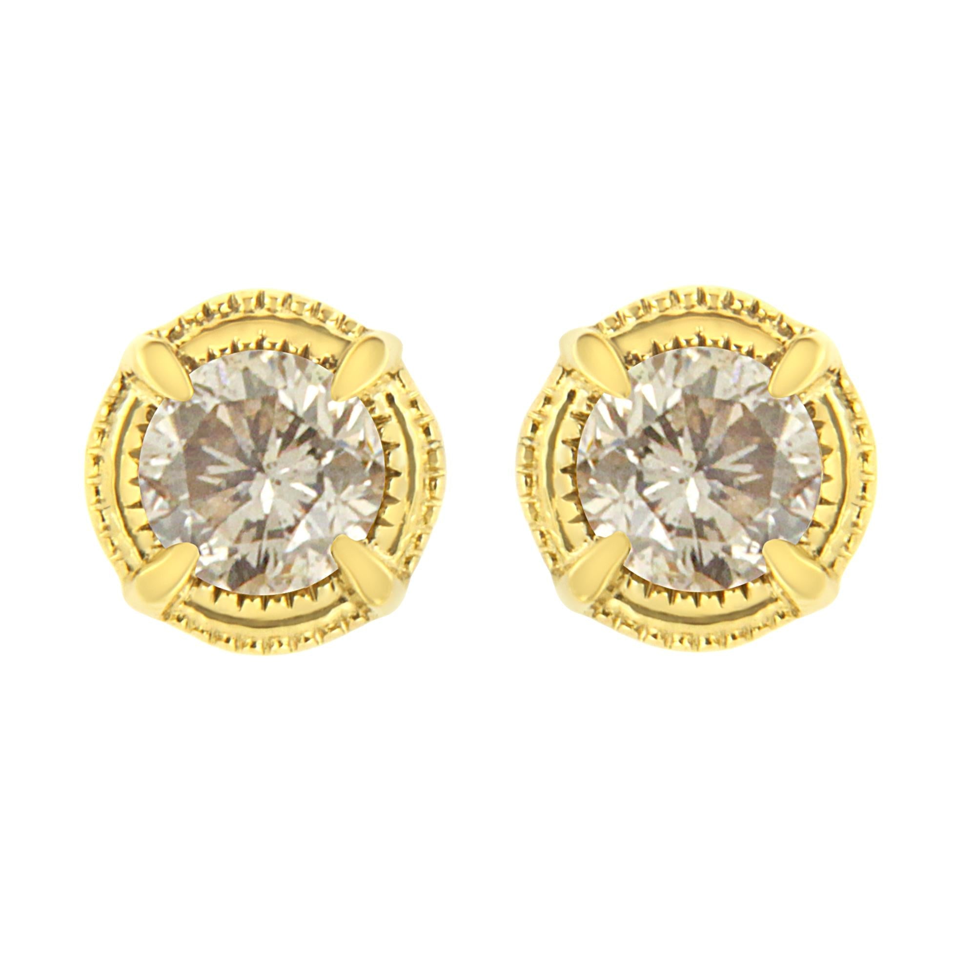 .925 Sterling Silver Round Brilliant Cut Diamond Solitaire Milgrain Stud Earrings - Friggin Jewelry