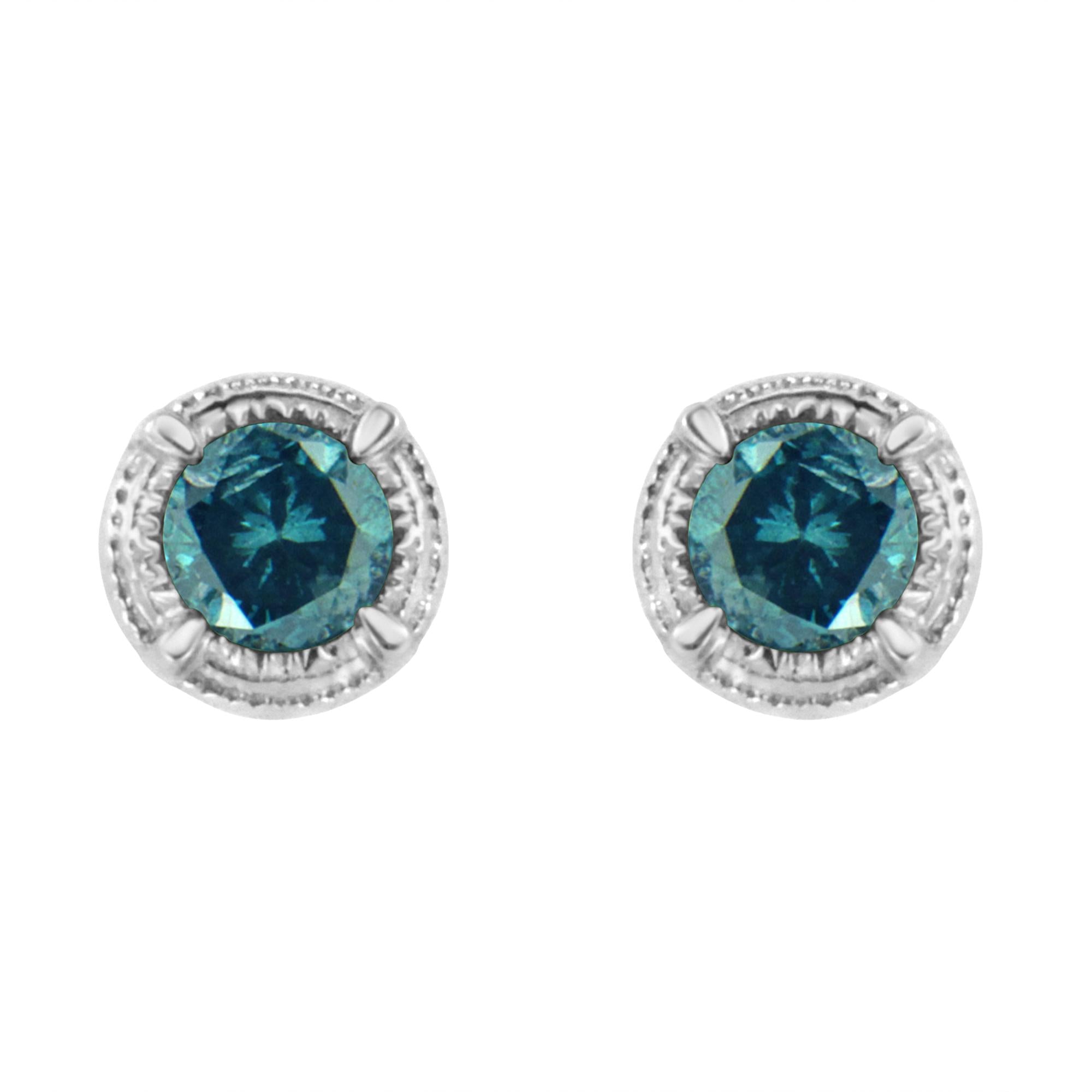 Orecchini a bottone Milgrain moderni a 4 punte con diamanti colorati trattati in argento sterling 925 - Friggin Jewelry