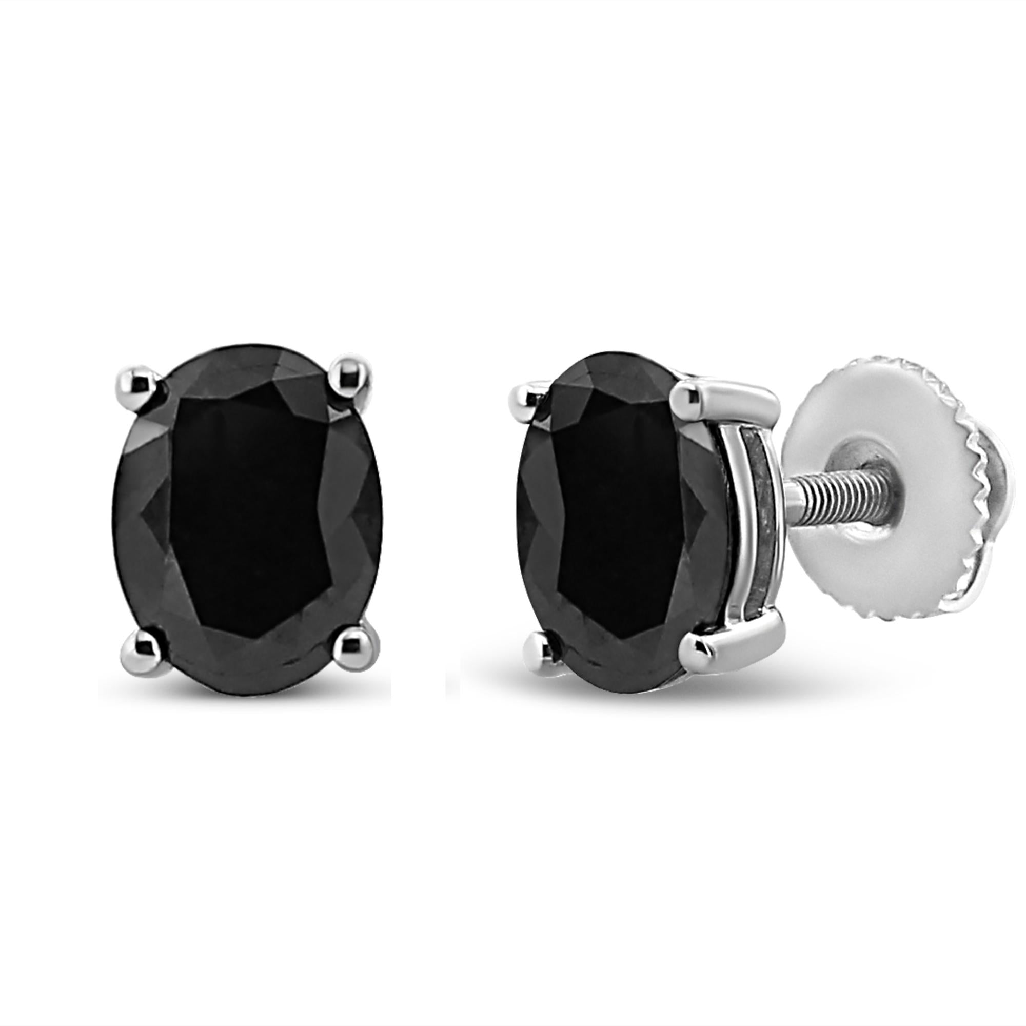 .925 Sterling Silver Prong Set Treated Black Oval Diamond Stud Earring (Black Color, I2-I3 Clarity) - Friggin Jewelry