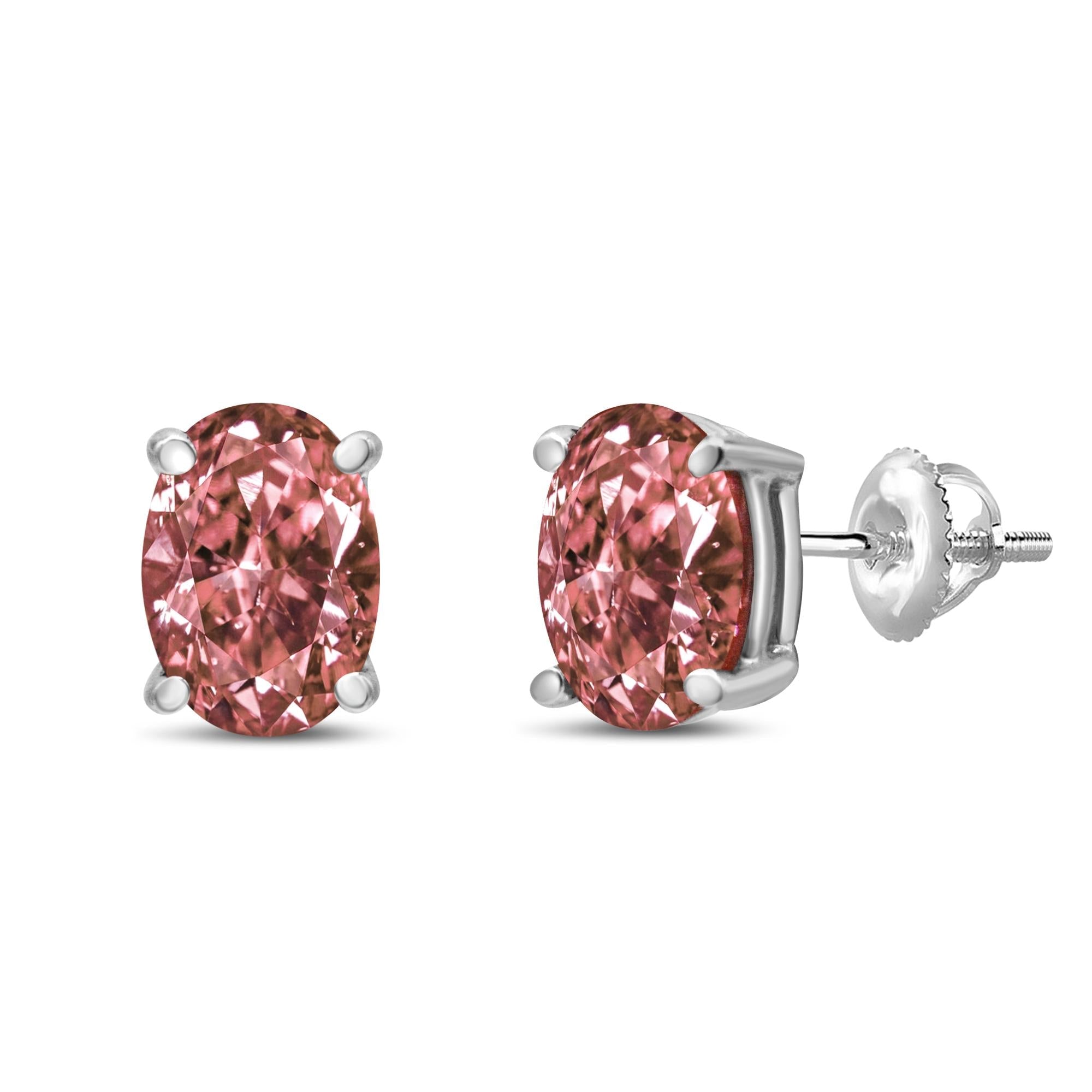 Aretes solitarios de diamantes clásicos ovalados rosados ​​cultivados en laboratorio en oro blanco de 14 quilates con engaste de 4 puntas (color rosa, claridad VS2-SI1) - Friggin Jewelry